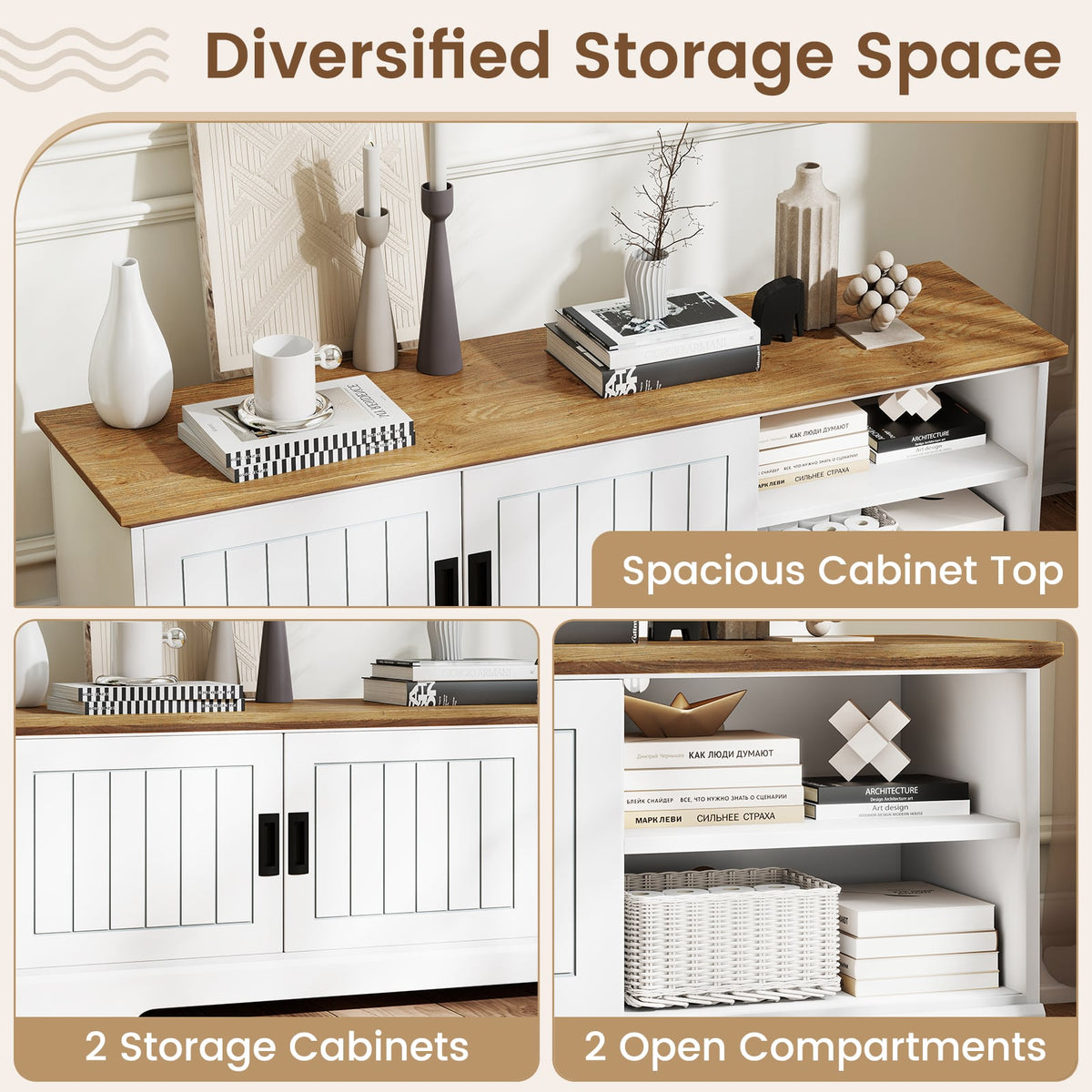 Farmhouse TV Stand for TVs up to 65 Inch with Sliding Doors and Storage Cabinets-White-Entertainment Centers & TV Stands-DECOROLALA