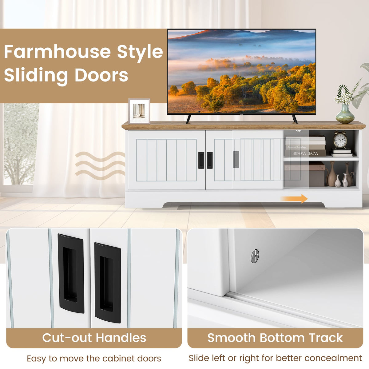 Farmhouse TV Stand for TVs up to 65 Inch with Sliding Doors and Storage Cabinets-White-Entertainment Centers & TV Stands-DECOROLALA