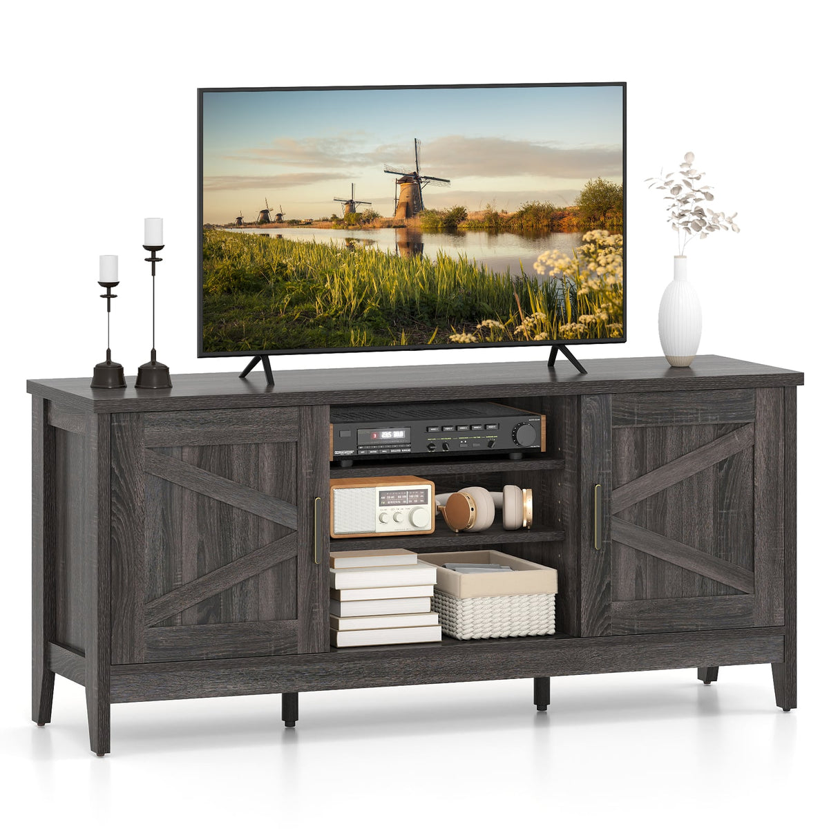 Farmhouse TV Stand for TVs up to 65 Inch Entertainment Center with 2 Storage Cabinets-Gray-Entertainment Centers & TV Stands-DECOROLALA