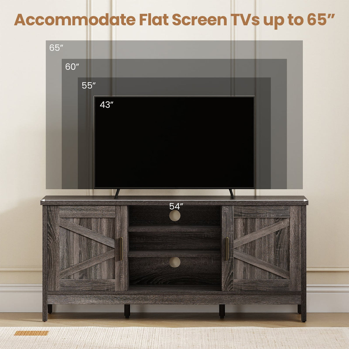 Farmhouse TV Stand for TVs up to 65 Inch Entertainment Center with 2 Storage Cabinets-Gray-Entertainment Centers & TV Stands-DECOROLALA