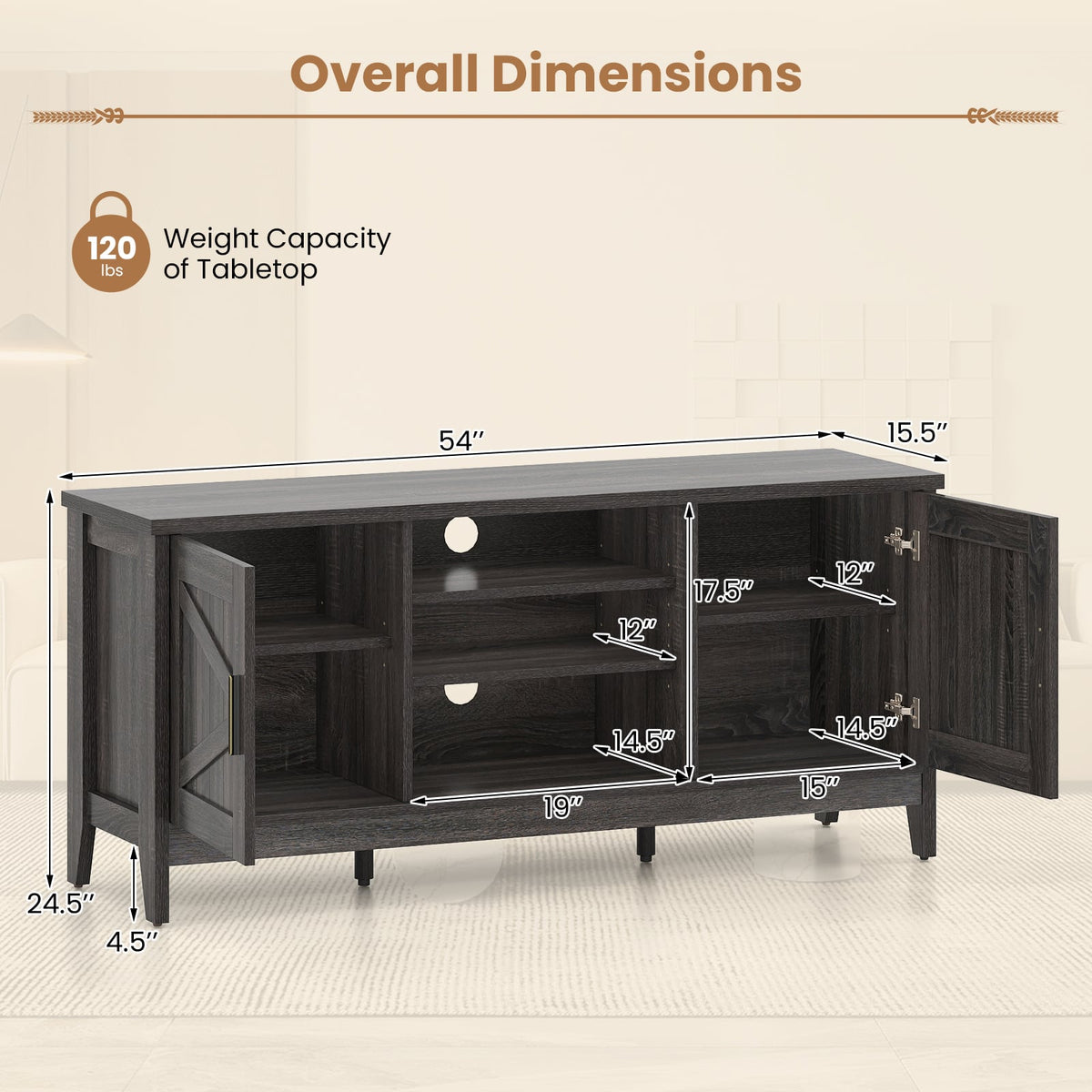 Farmhouse TV Stand for TVs up to 65 Inch Entertainment Center with 2 Storage Cabinets-Gray-Entertainment Centers & TV Stands-DECOROLALA