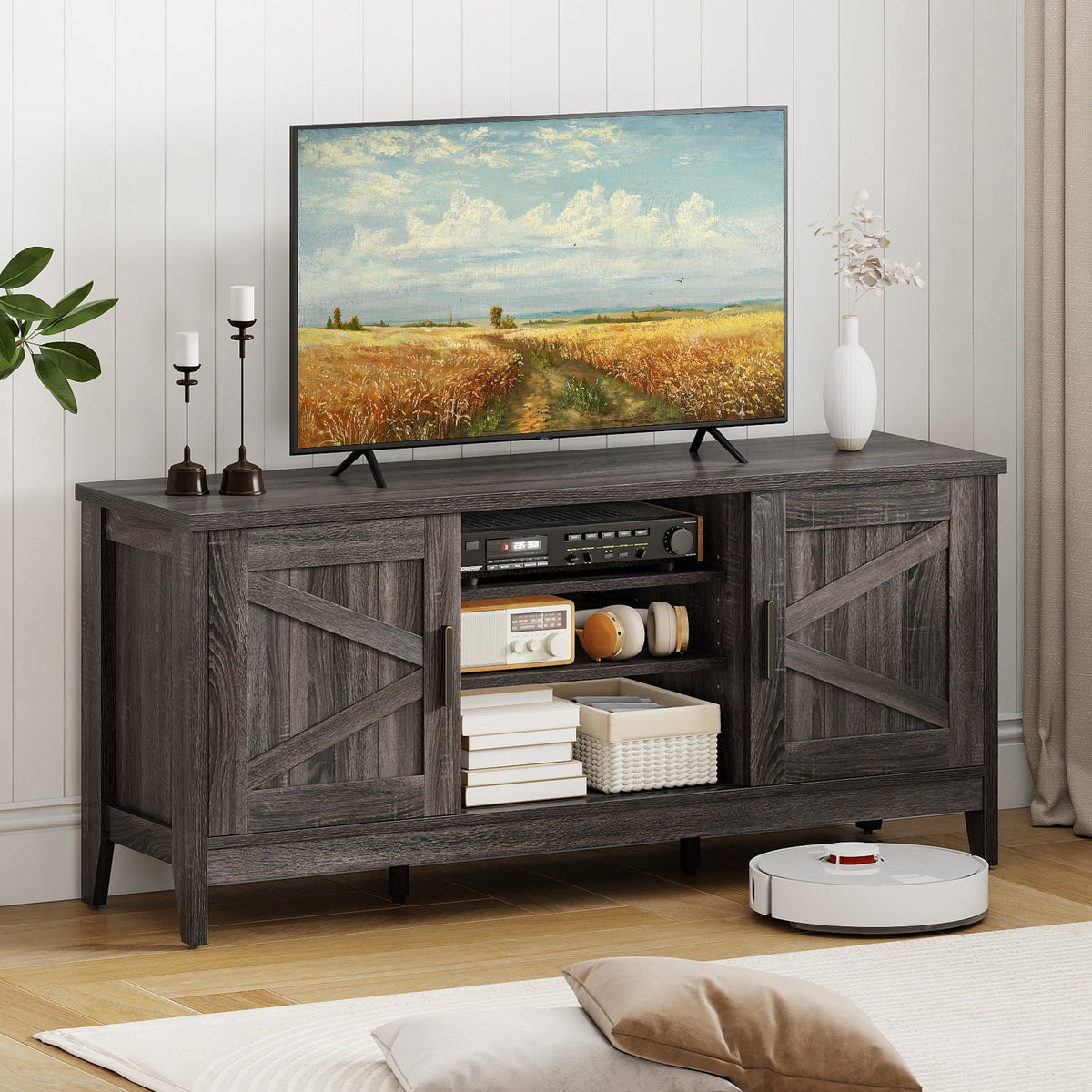 Farmhouse TV Stand for TVs up to 65 Inch Entertainment Center with 2 Storage Cabinets-Gray-Entertainment Centers & TV Stands-DECOROLALA
