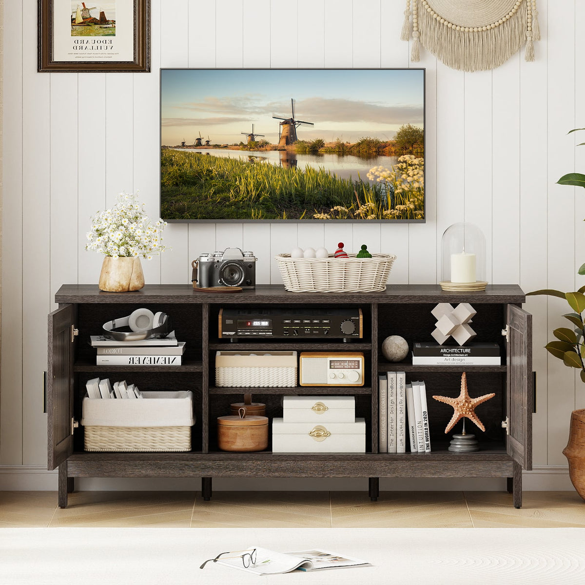 Farmhouse TV Stand for TVs up to 65 Inch Entertainment Center with 2 Storage Cabinets-Gray-Entertainment Centers & TV Stands-DECOROLALA