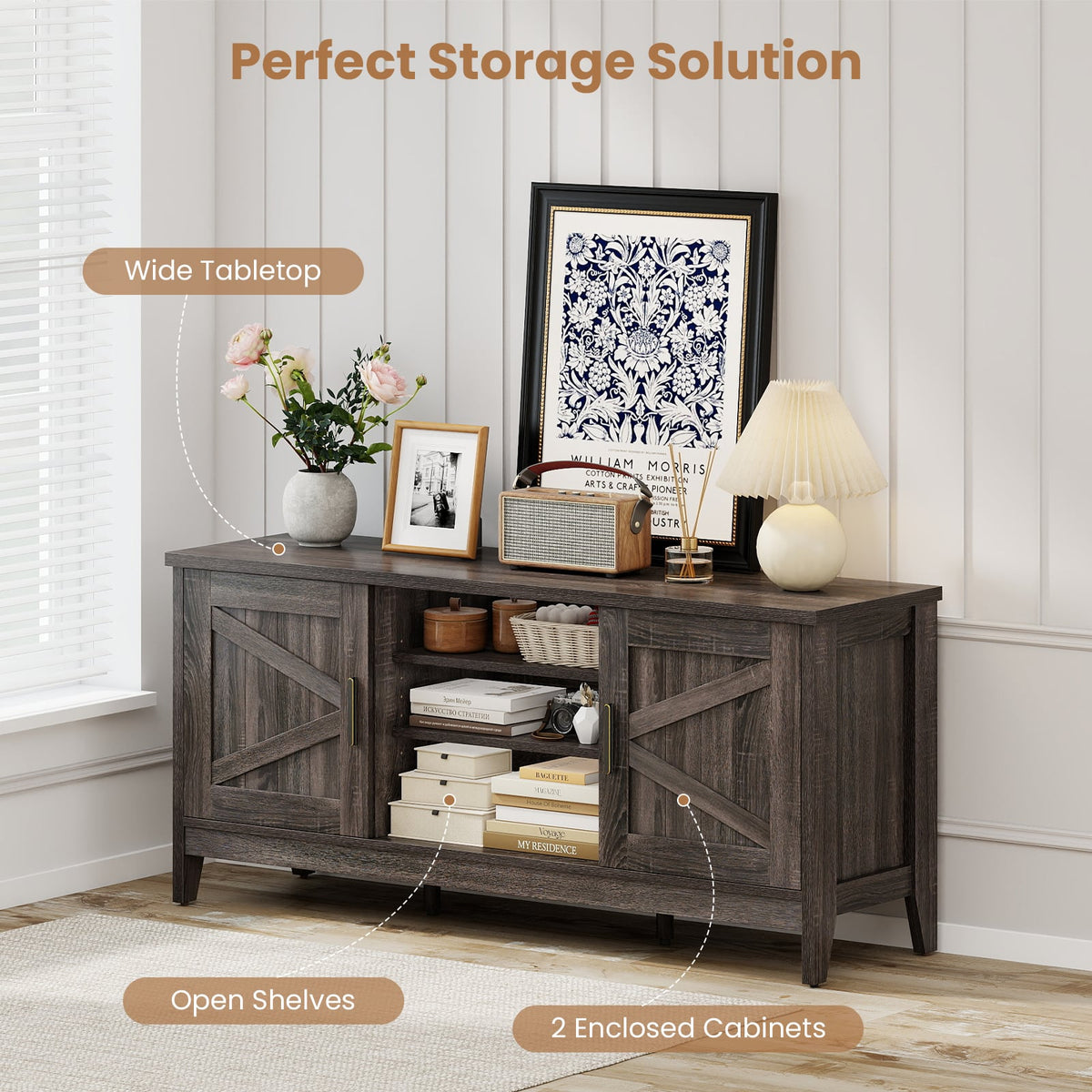 Farmhouse TV Stand for TVs up to 65 Inch Entertainment Center with 2 Storage Cabinets-Gray-Entertainment Centers & TV Stands-DECOROLALA