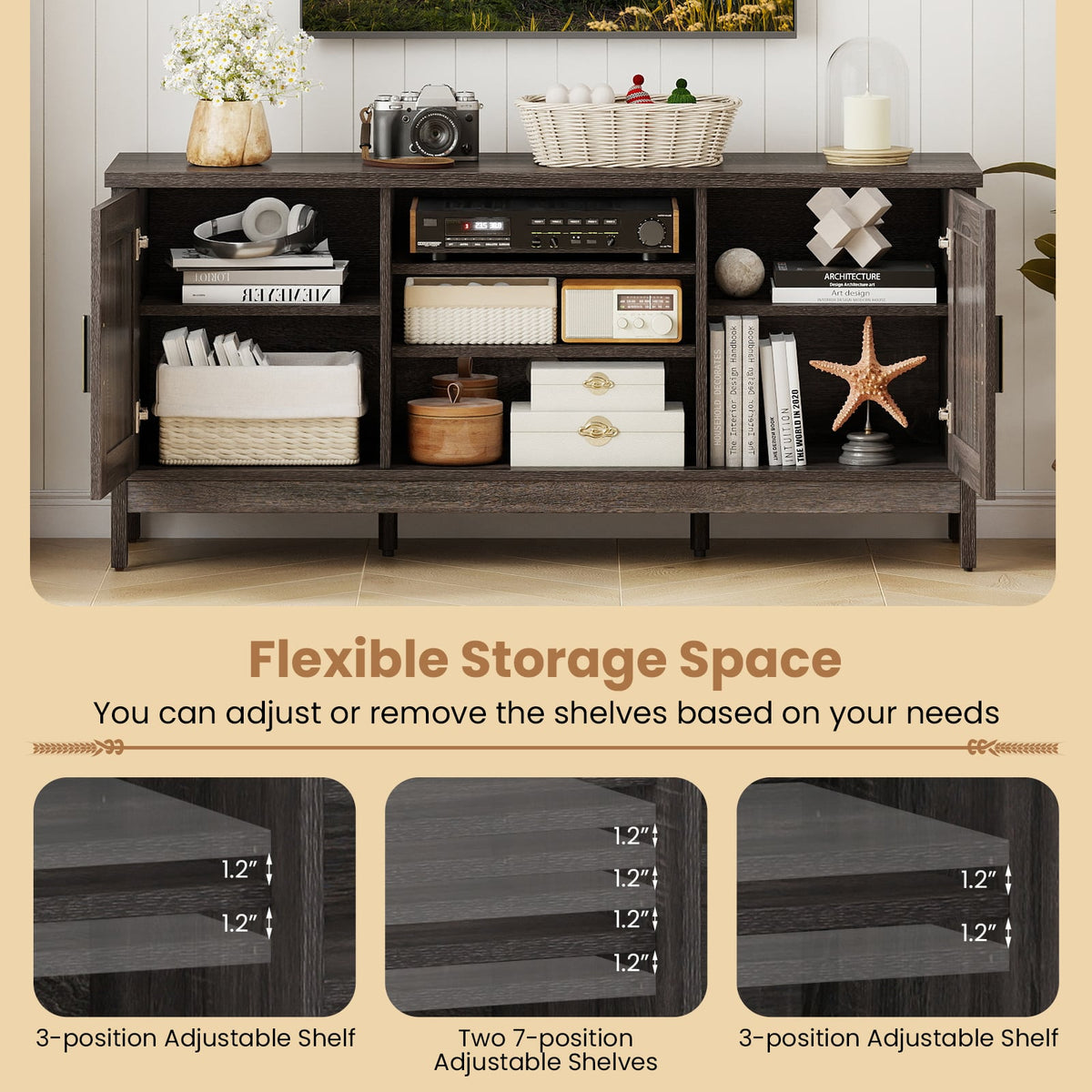 Farmhouse TV Stand for TVs up to 65 Inch Entertainment Center with 2 Storage Cabinets-Gray-Entertainment Centers & TV Stands-DECOROLALA