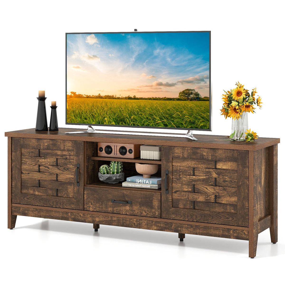 Farmhouse TV Stand for 65 Inch TVs with 2 Woven Accent Doors and 3 Adjustable Shelves-Rustic Brown-Entertainment Centers & TV Stands-DECOROLALA