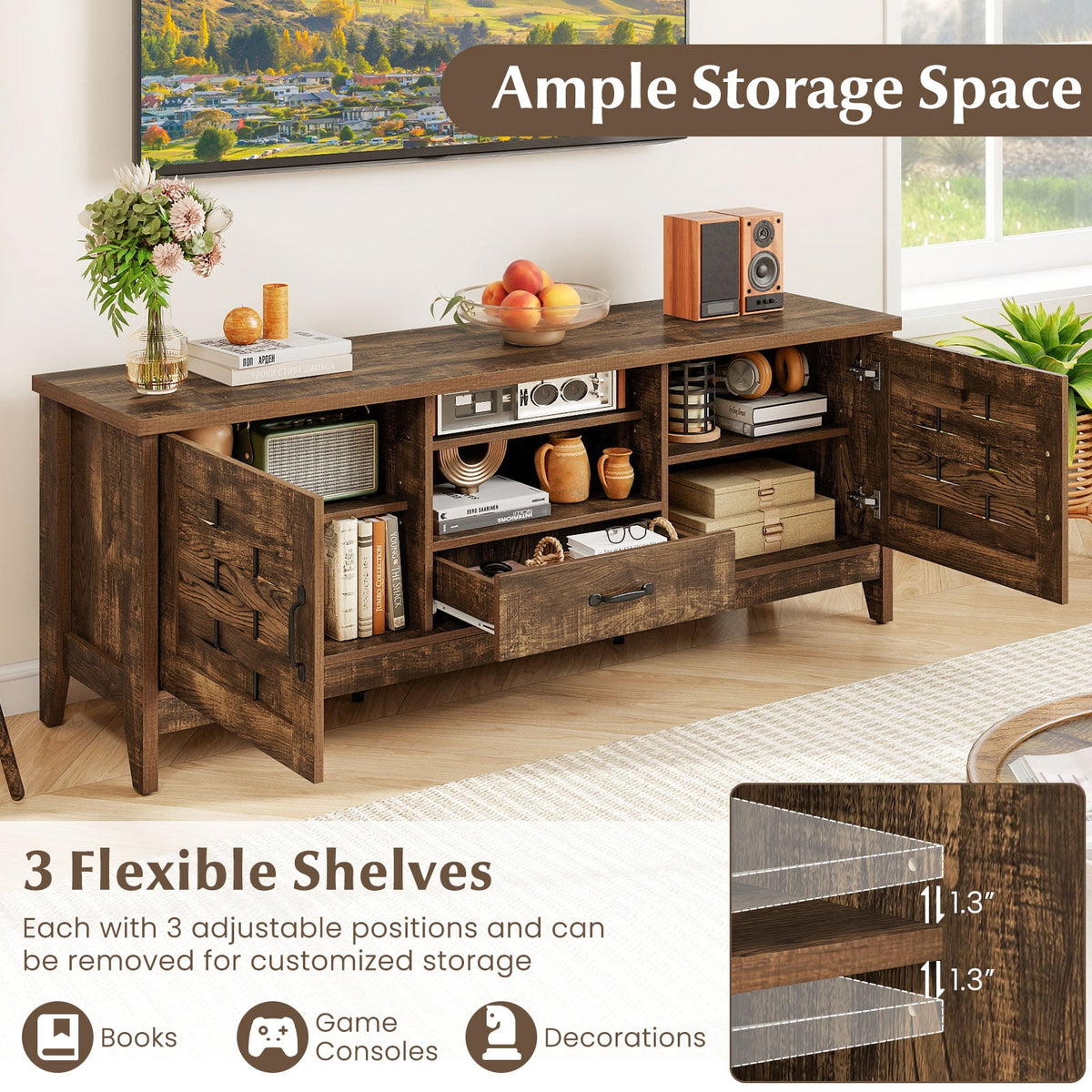 Farmhouse TV Stand for 65 Inch TVs with 2 Woven Accent Doors and 3 Adjustable Shelves-Rustic Brown-Entertainment Centers & TV Stands-DECOROLALA