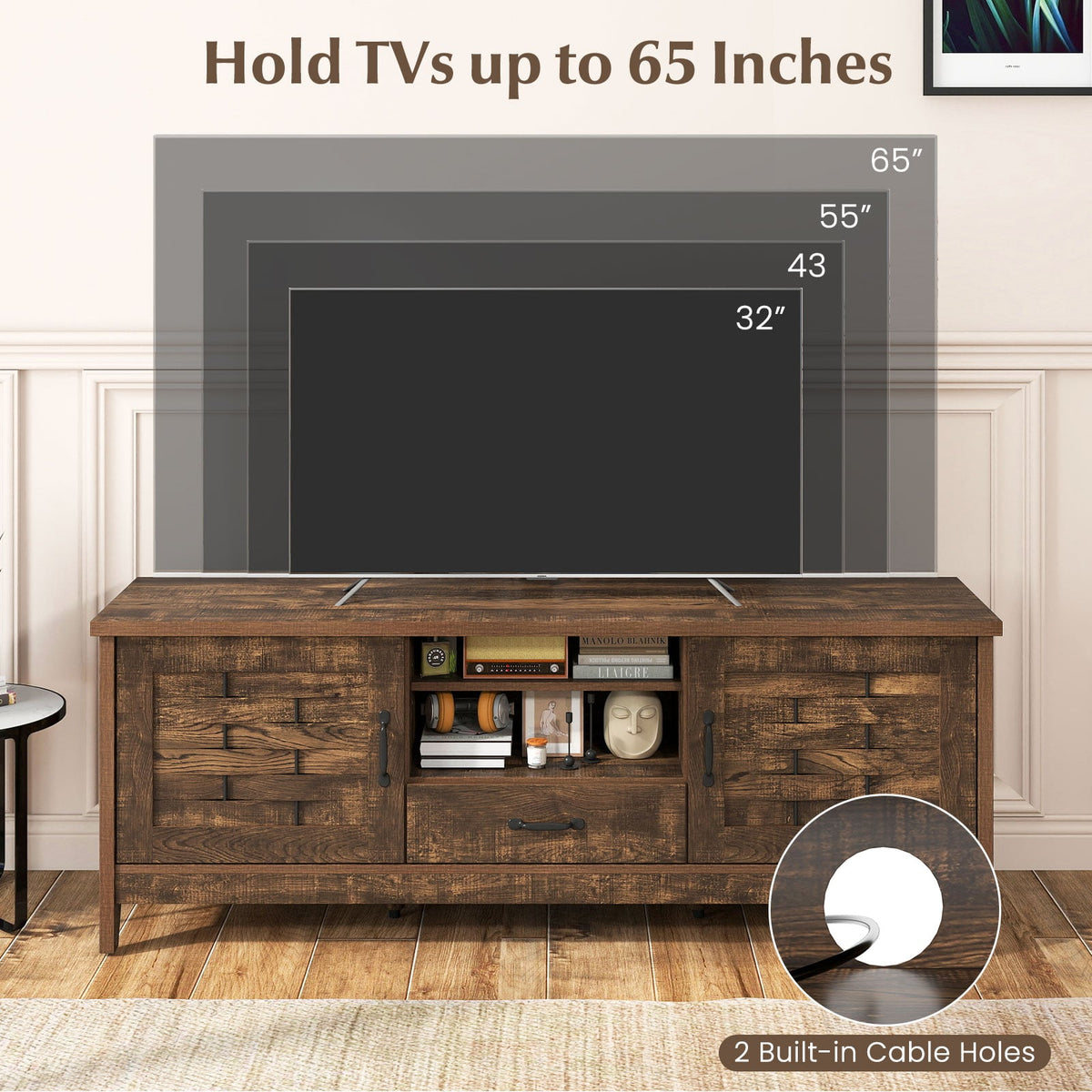 Farmhouse TV Stand for 65 Inch TVs with 2 Woven Accent Doors and 3 Adjustable Shelves-Rustic Brown-Entertainment Centers & TV Stands-DECOROLALA