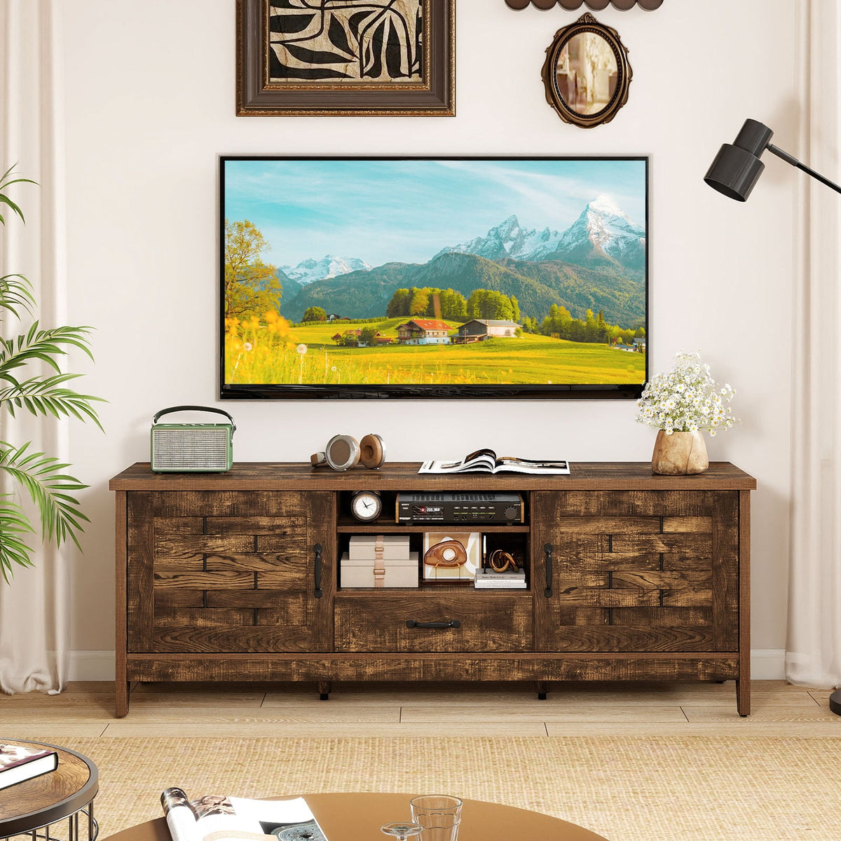 Farmhouse TV Stand for 65 Inch TVs with 2 Woven Accent Doors and 3 Adjustable Shelves-Rustic Brown-Entertainment Centers & TV Stands-DECOROLALA