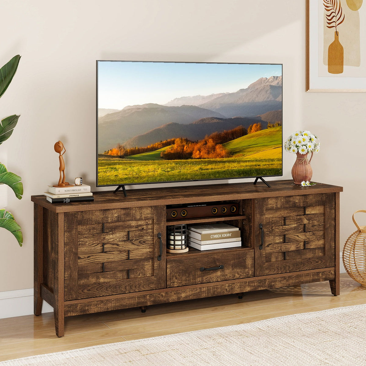 Farmhouse TV Stand for 65 Inch TVs with 2 Woven Accent Doors and 3 Adjustable Shelves-Rustic Brown-Entertainment Centers & TV Stands-DECOROLALA