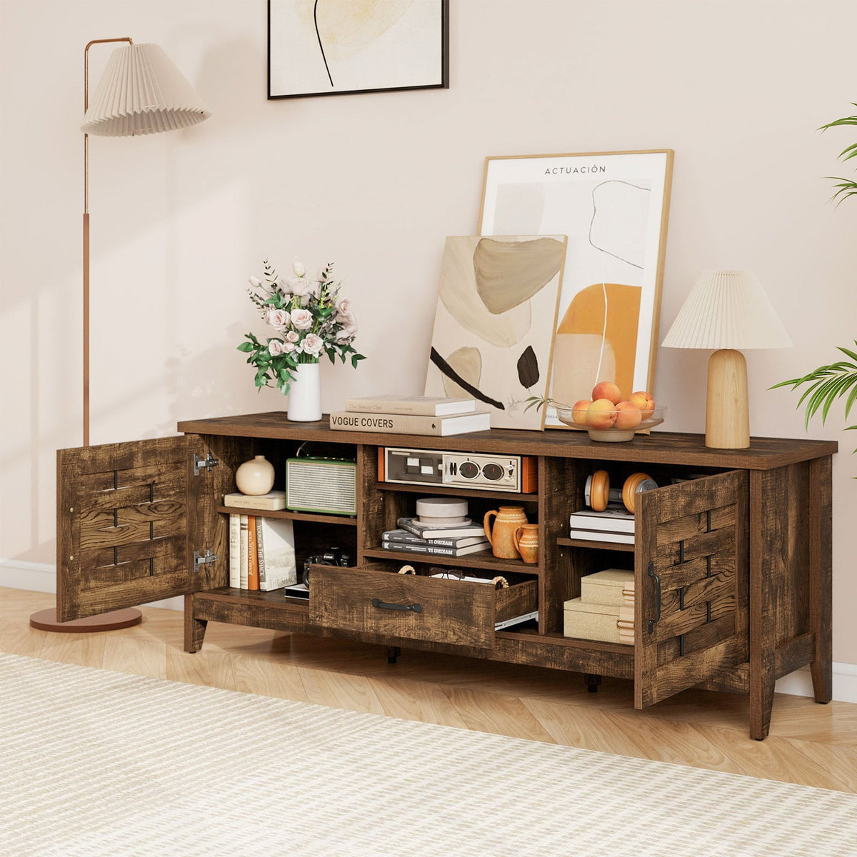 Farmhouse TV Stand for 65 Inch TVs with 2 Woven Accent Doors and 3 Adjustable Shelves-Rustic Brown-Entertainment Centers & TV Stands-DECOROLALA