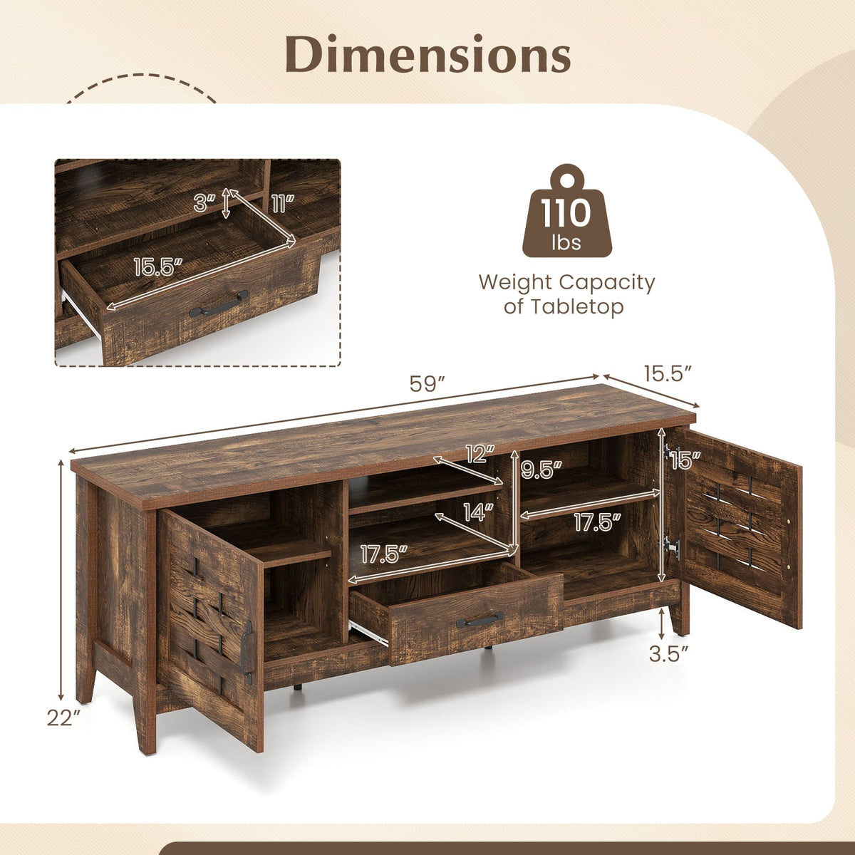 Farmhouse TV Stand for 65 Inch TVs with 2 Woven Accent Doors and 3 Adjustable Shelves-Rustic Brown-Entertainment Centers & TV Stands-DECOROLALA