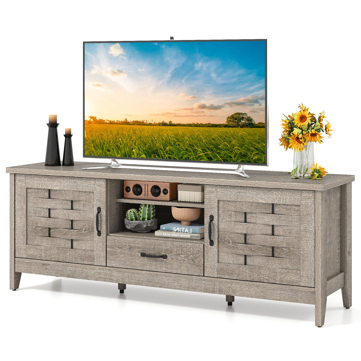 Farmhouse TV Stand for 65 Inch TVs with 2 Woven Accent Doors and 3 Adjustable Shelves-Oak-Entertainment Centers & TV Stands-DECOROLALA