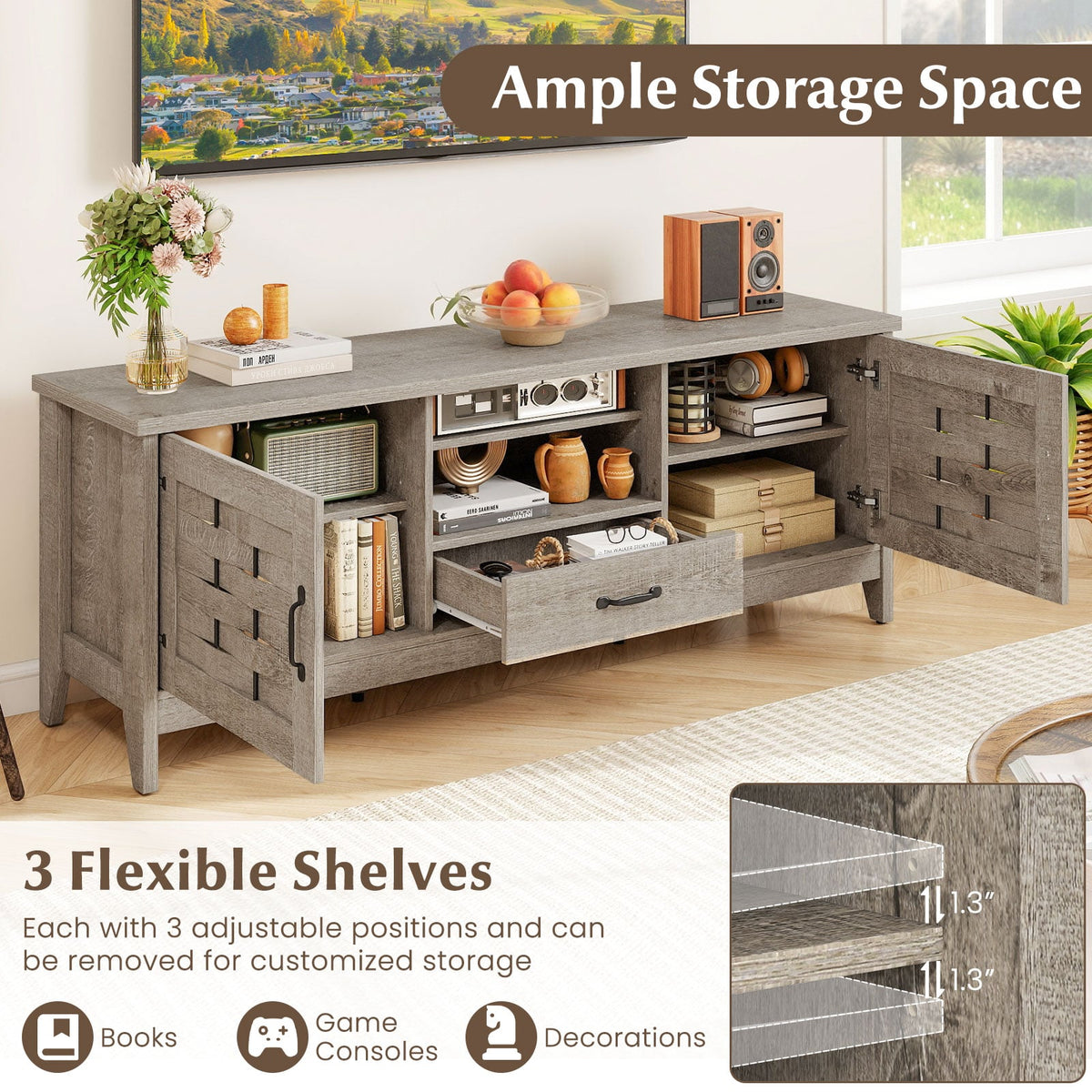 Farmhouse TV Stand for 65 Inch TVs with 2 Woven Accent Doors and 3 Adjustable Shelves-Oak-Entertainment Centers & TV Stands-DECOROLALA