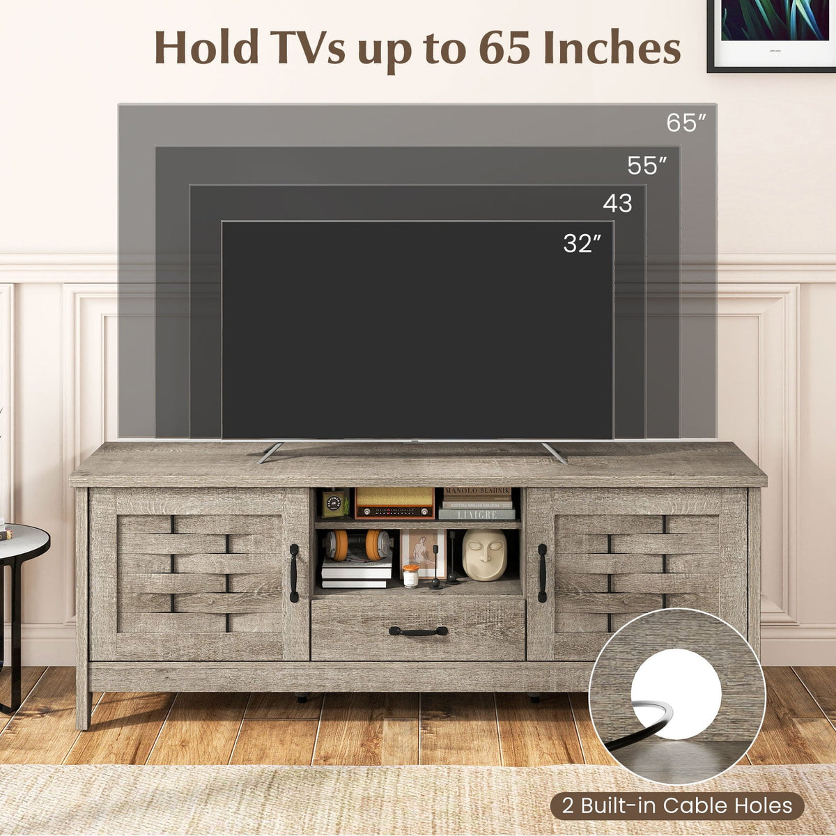 Farmhouse TV Stand for 65 Inch TVs with 2 Woven Accent Doors and 3 Adjustable Shelves-Oak-Entertainment Centers & TV Stands-DECOROLALA