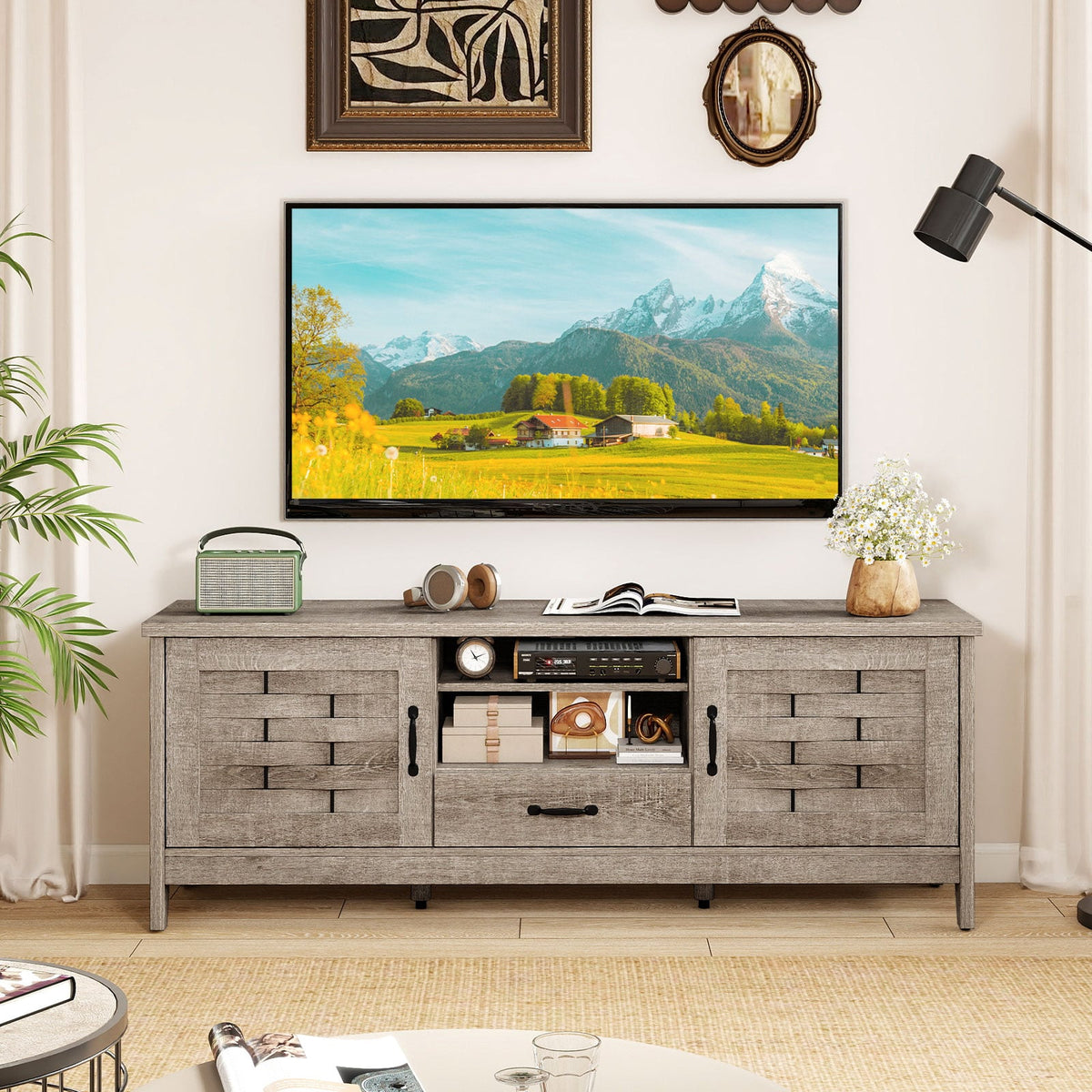Farmhouse TV Stand for 65 Inch TVs with 2 Woven Accent Doors and 3 Adjustable Shelves-Oak-Entertainment Centers & TV Stands-DECOROLALA