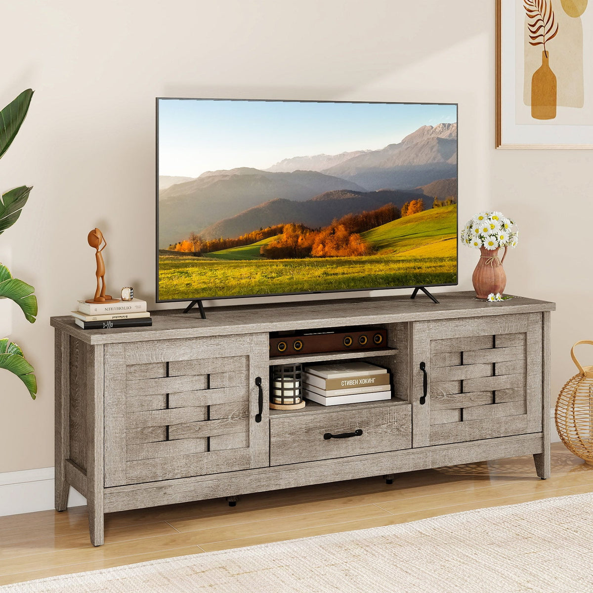 Farmhouse TV Stand for 65 Inch TVs with 2 Woven Accent Doors and 3 Adjustable Shelves-Oak-Entertainment Centers & TV Stands-DECOROLALA