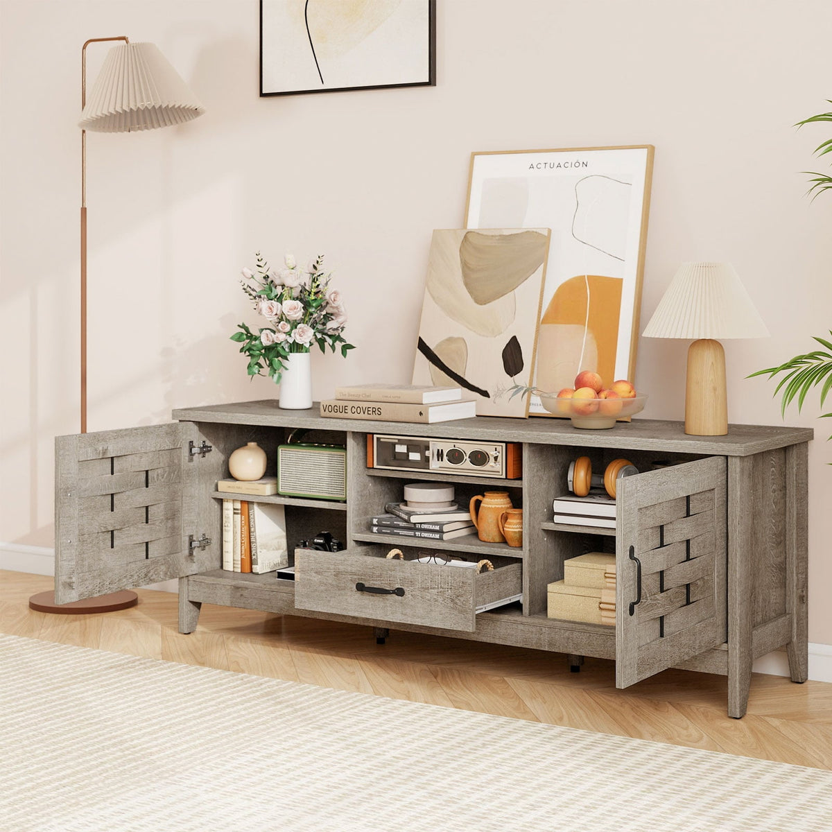Farmhouse TV Stand for 65 Inch TVs with 2 Woven Accent Doors and 3 Adjustable Shelves-Oak-Entertainment Centers & TV Stands-DECOROLALA