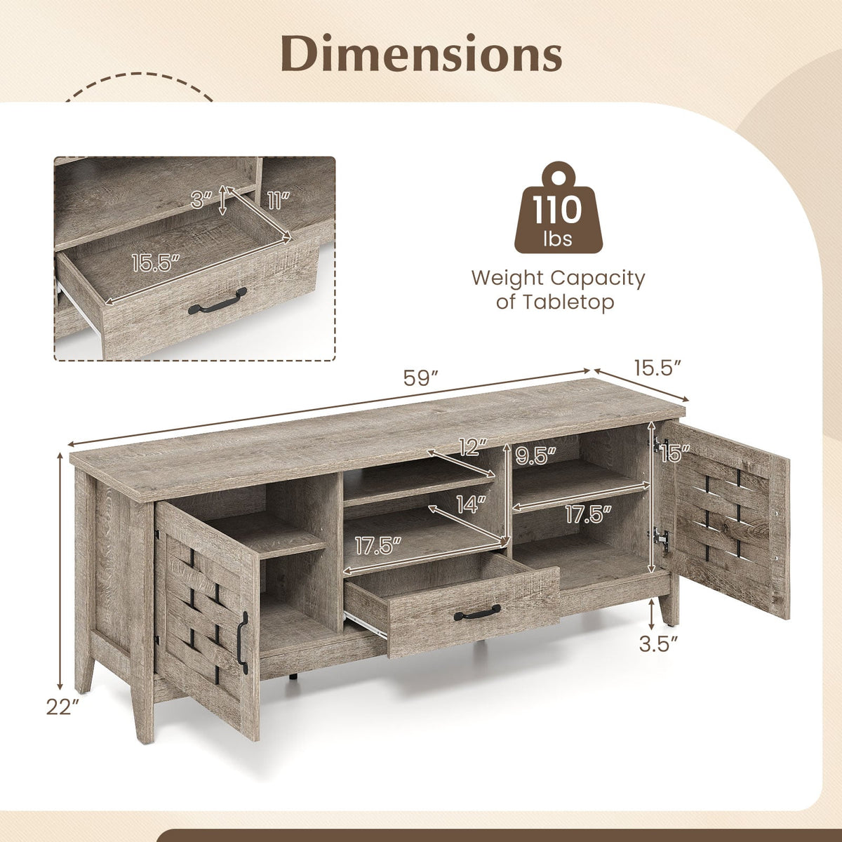 Farmhouse TV Stand for 65 Inch TVs with 2 Woven Accent Doors and 3 Adjustable Shelves-Oak-Entertainment Centers & TV Stands-DECOROLALA
