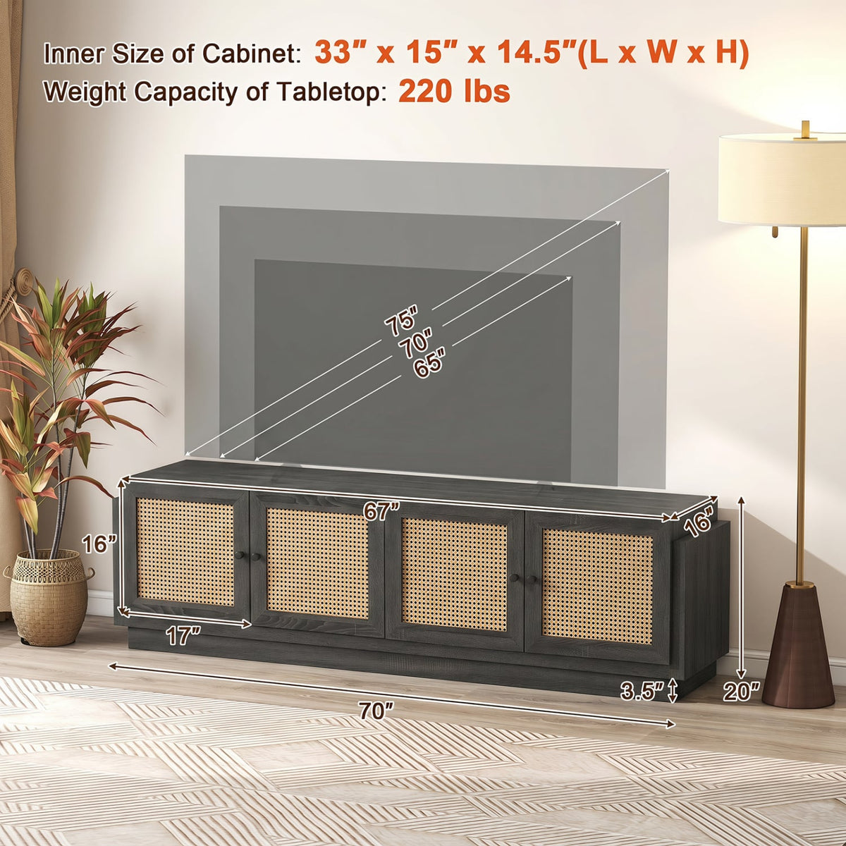 Farmhouse TV Stand for TVs up to 75 Inches with 2 Cabinets-Black-Entertainment Centers & TV Stands-DECOROLALA