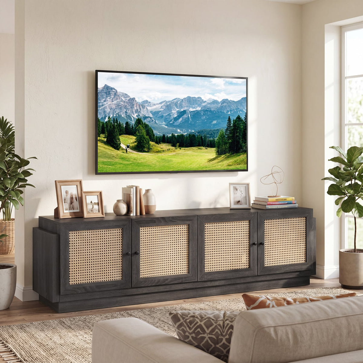 Farmhouse TV Stand for TVs up to 75 Inches with 2 Cabinets-Black-Entertainment Centers & TV Stands-DECOROLALA