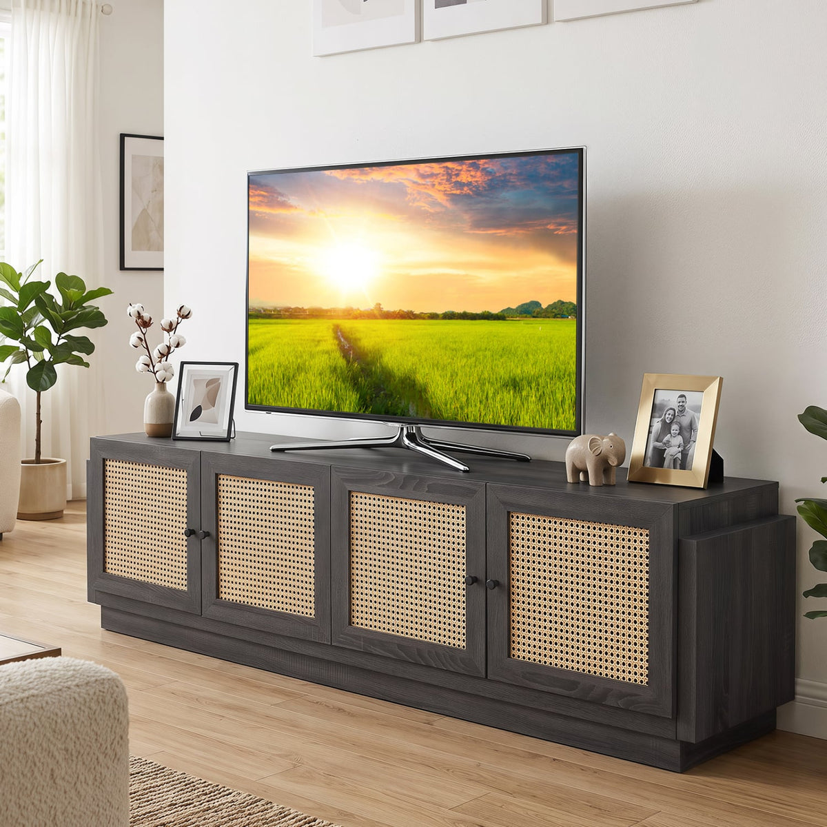 Farmhouse TV Stand for TVs up to 75 Inches with 2 Cabinets-Black-Entertainment Centers & TV Stands-DECOROLALA