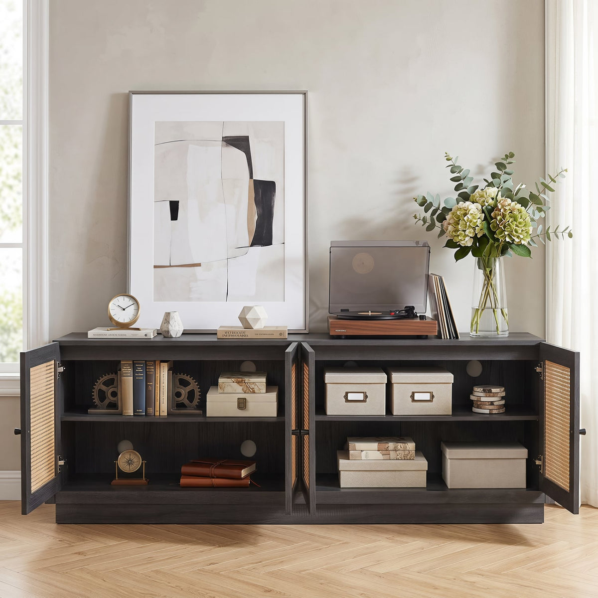 Farmhouse TV Stand for TVs up to 75 Inches with 2 Cabinets-Black-Entertainment Centers & TV Stands-DECOROLALA