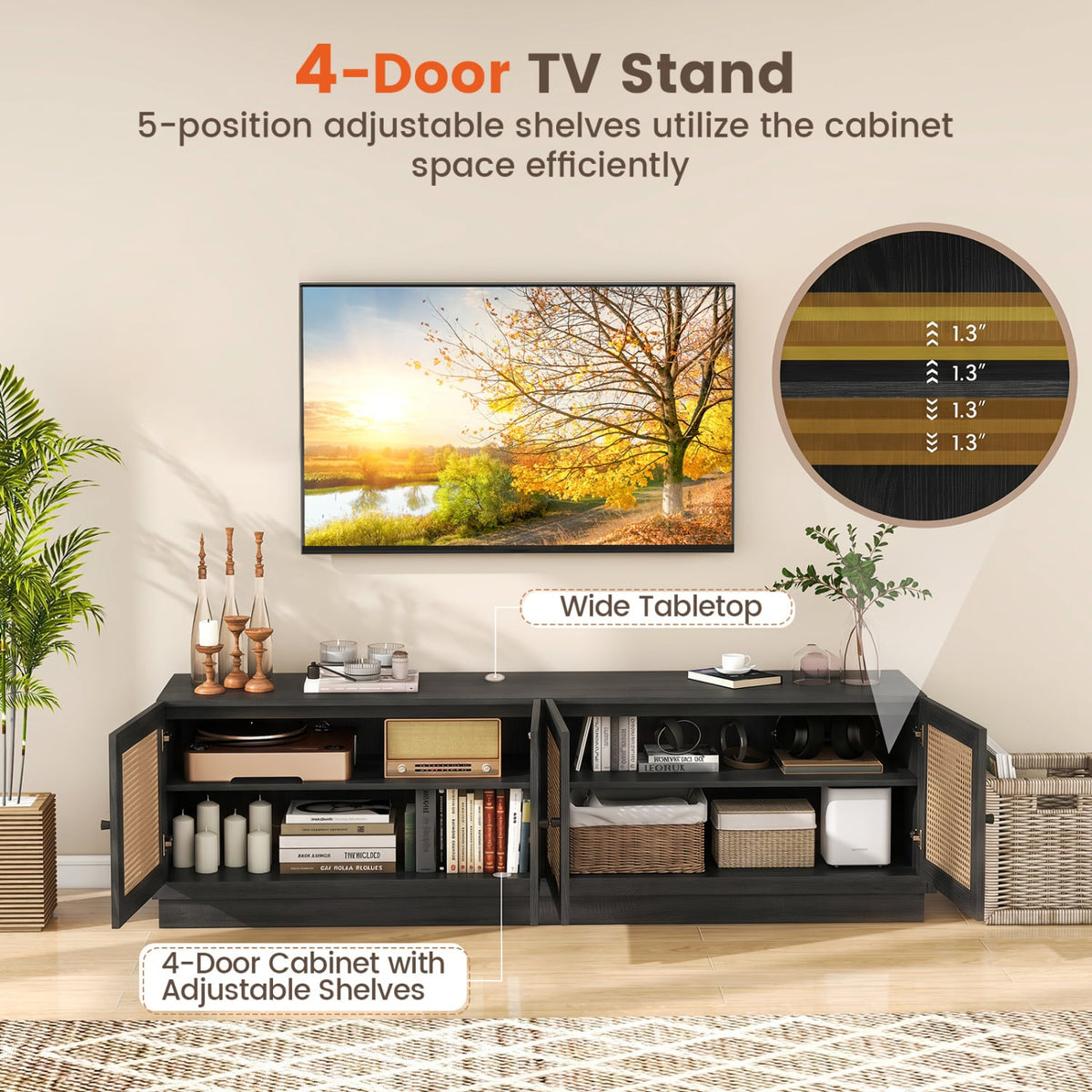 Farmhouse TV Stand for TVs up to 75 Inches with 2 Cabinets-Black-Entertainment Centers & TV Stands-DECOROLALA