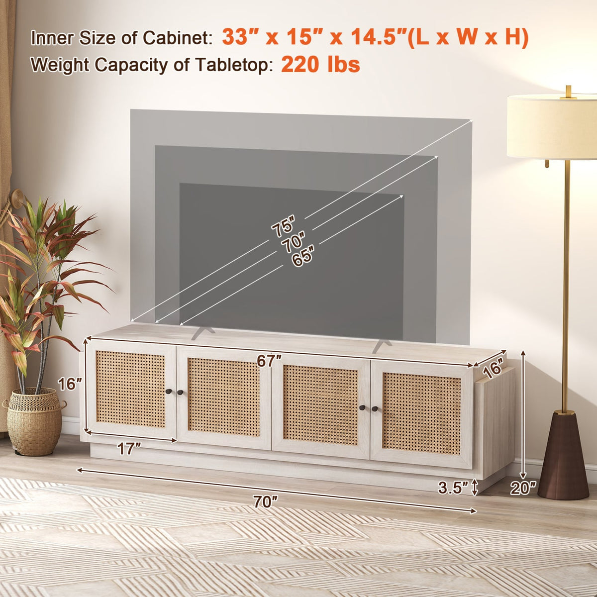 Farmhouse TV Stand for TVs up to 75 Inches with 2 Cabinets-White-Entertainment Centers & TV Stands-DECOROLALA