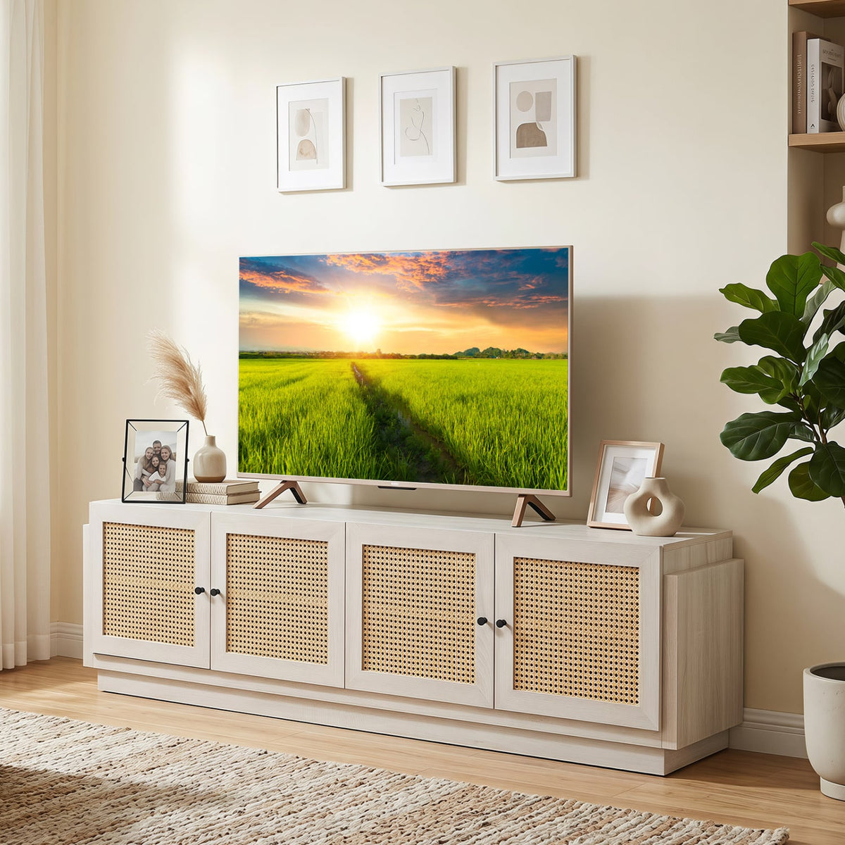 Farmhouse TV Stand for TVs up to 75 Inches with 2 Cabinets-White-Entertainment Centers & TV Stands-DECOROLALA