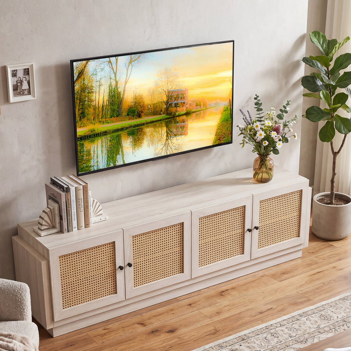 Farmhouse TV Stand for TVs up to 75 Inches with 2 Cabinets-White-Entertainment Centers & TV Stands-DECOROLALA