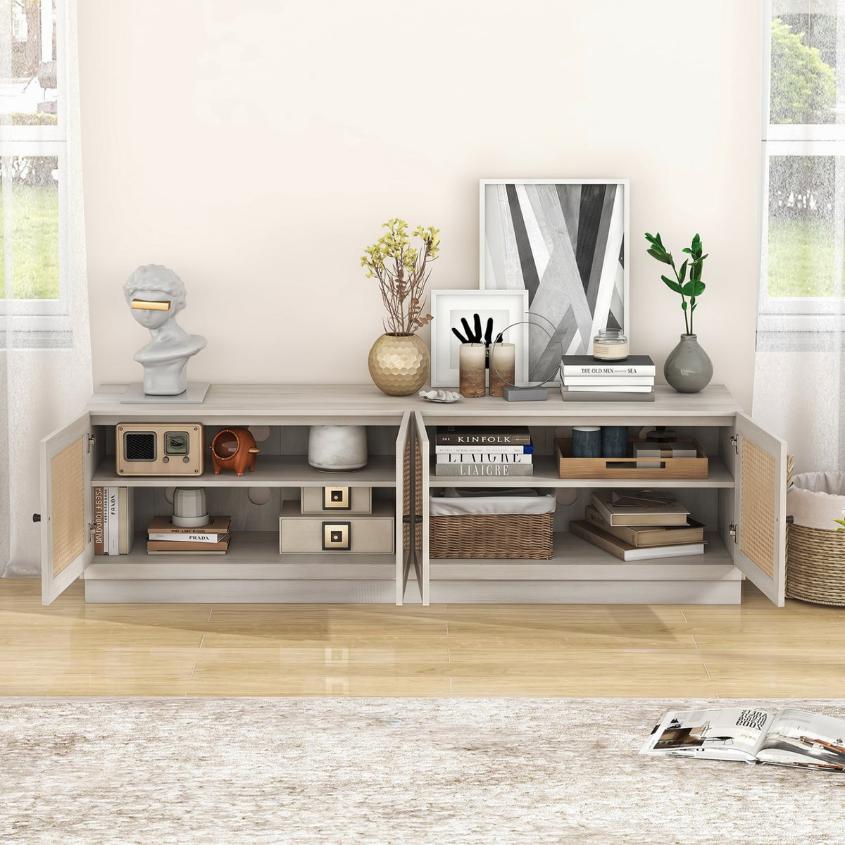 Farmhouse TV Stand for TVs up to 75 Inches with 2 Cabinets-White-Entertainment Centers & TV Stands-DECOROLALA