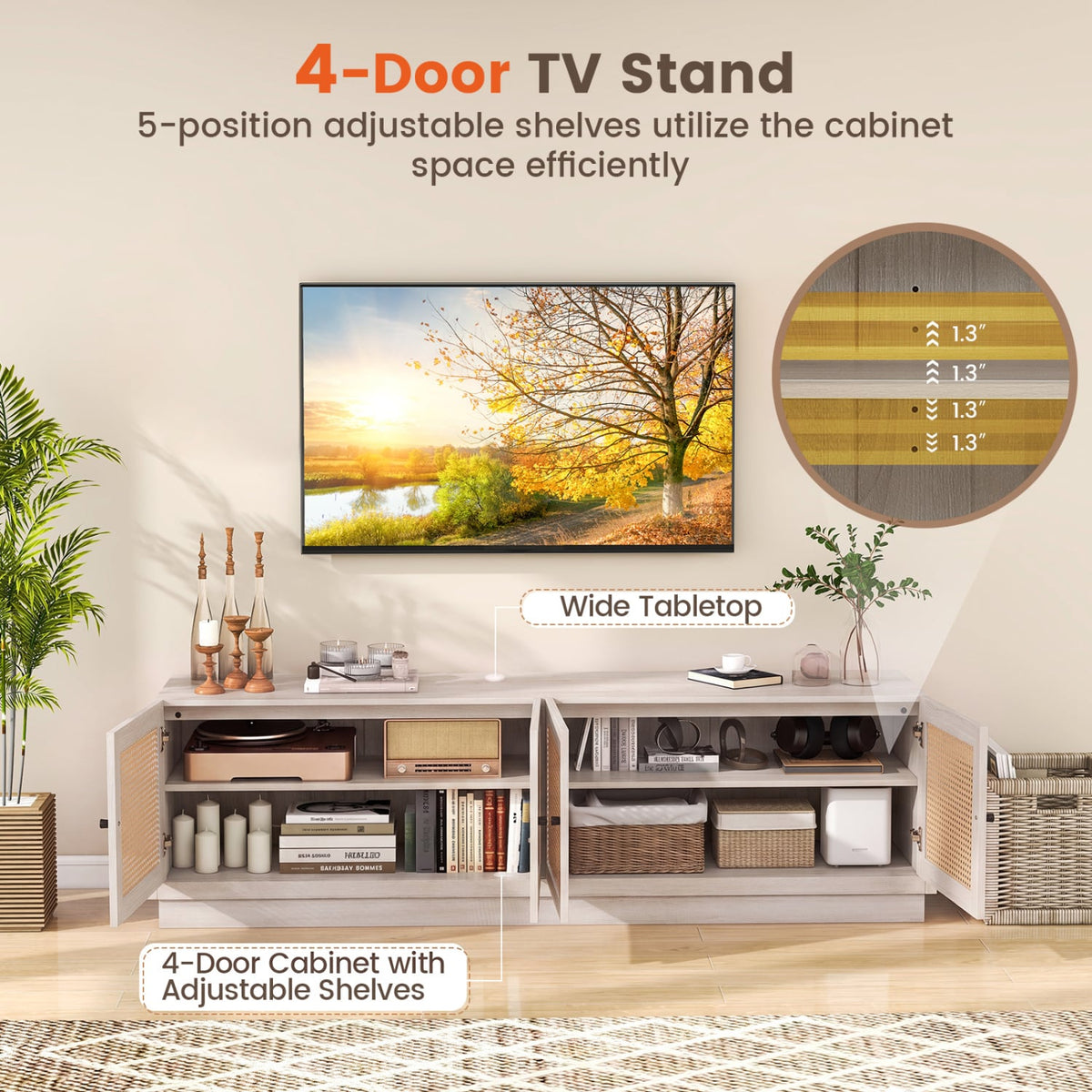 Farmhouse TV Stand for TVs up to 75 Inches with 2 Cabinets-White-Entertainment Centers & TV Stands-DECOROLALA