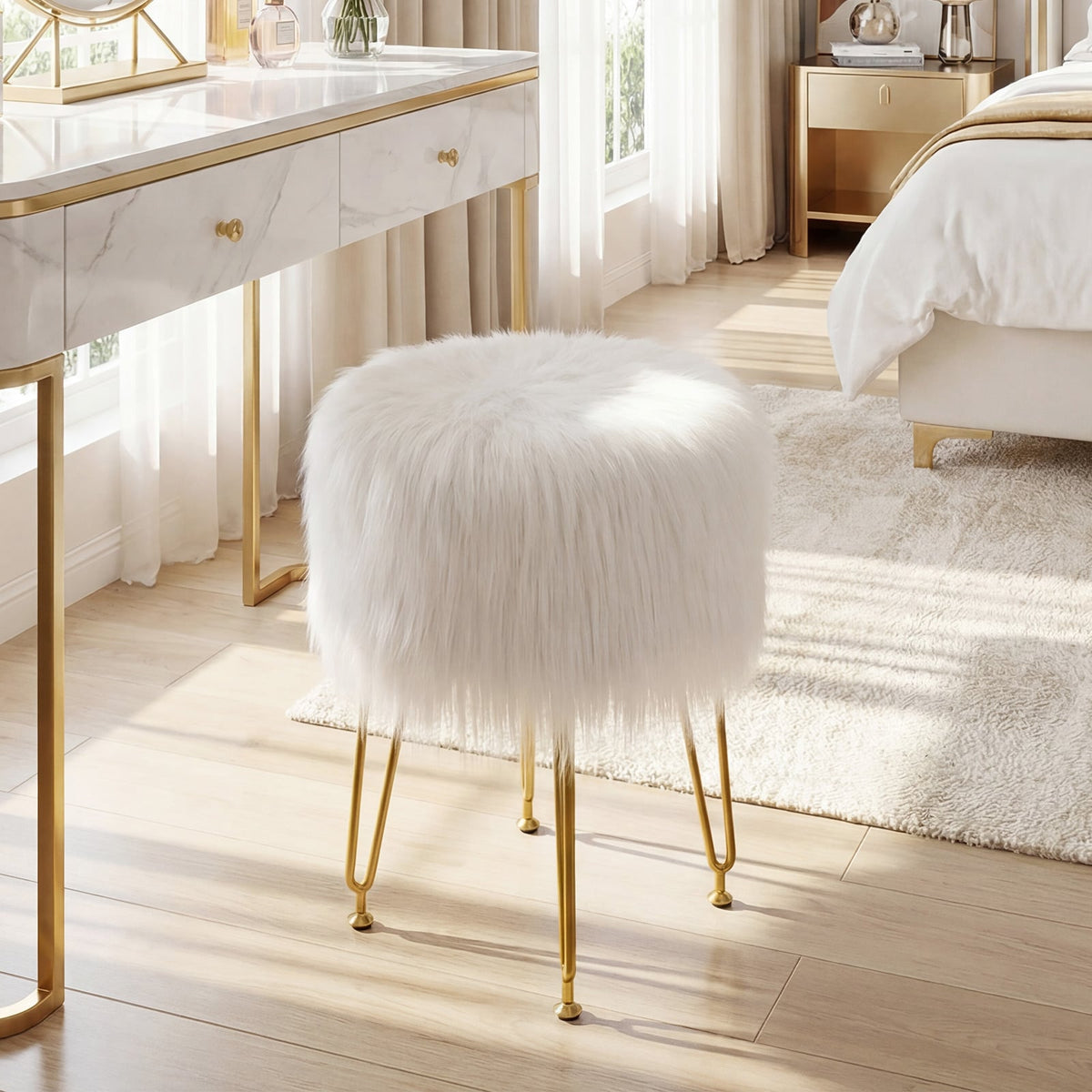 Faux Fur Vanity Stool Chair with Metal Legs for Bedroom and Living Room-White-Ottomans-DECOROLALA
