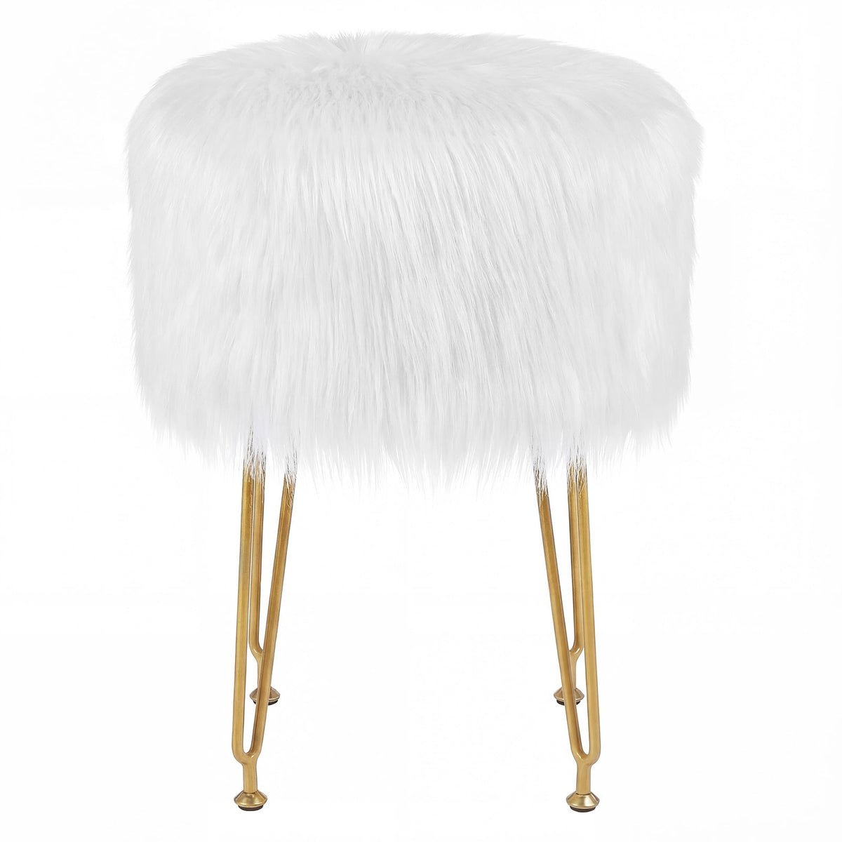 Faux Fur Vanity Stool Chair with Metal Legs for Bedroom and Living Room-White-Ottomans-DECOROLALA