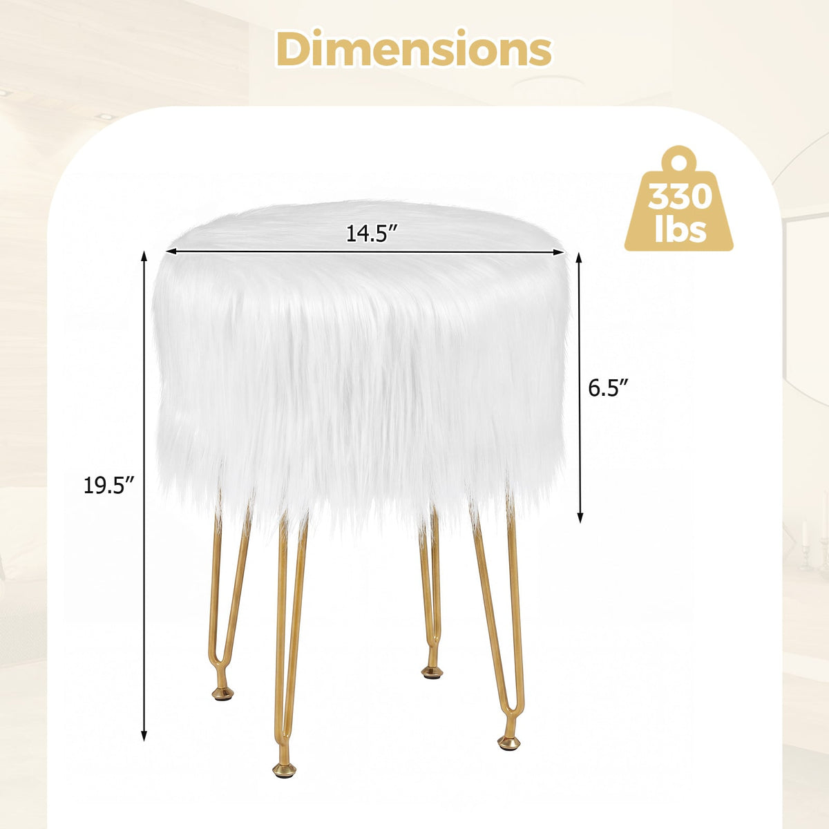 Faux Fur Vanity Stool Chair with Metal Legs for Bedroom and Living Room-White-Ottomans-DECOROLALA