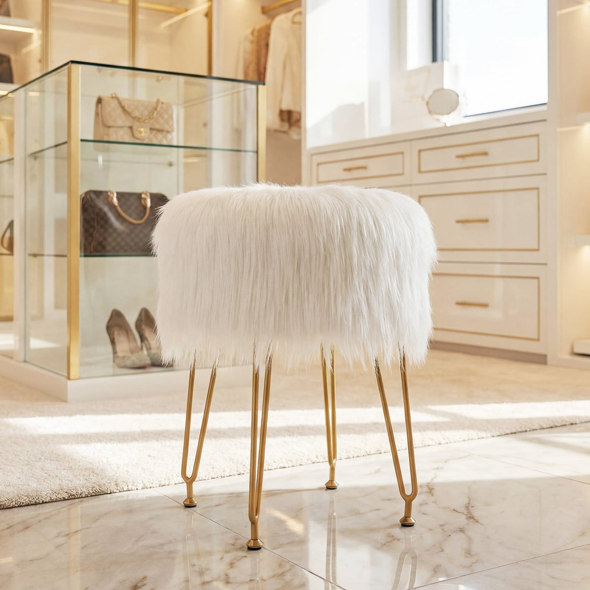 Faux Fur Vanity Stool Chair with Metal Legs for Bedroom and Living Room-White-Ottomans-DECOROLALA