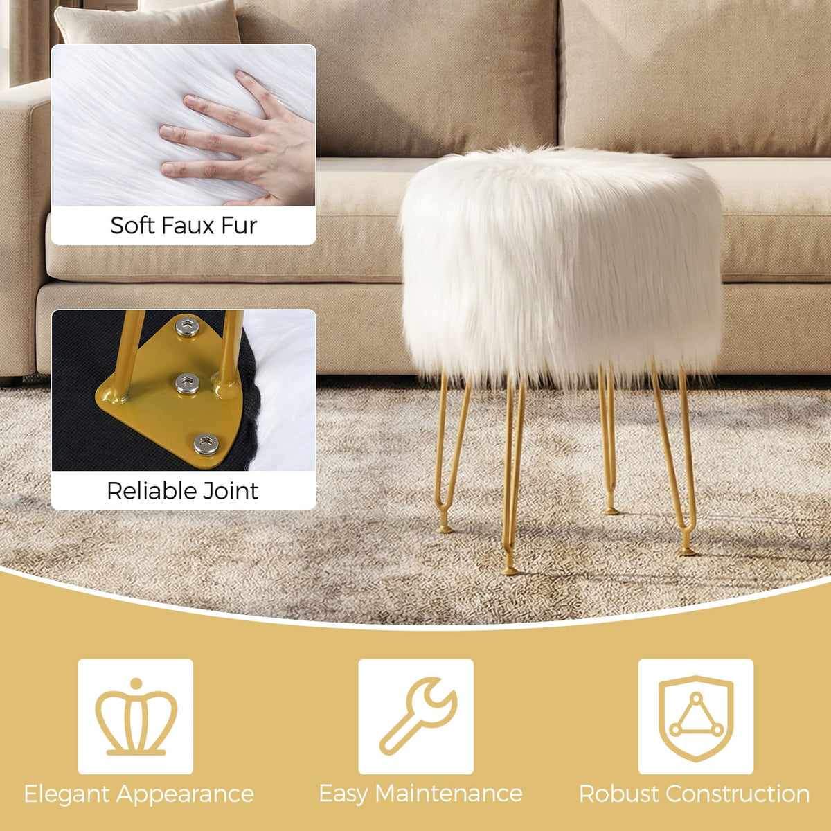 Faux Fur Vanity Stool Chair with Metal Legs for Bedroom and Living Room-White-Ottomans-DECOROLALA