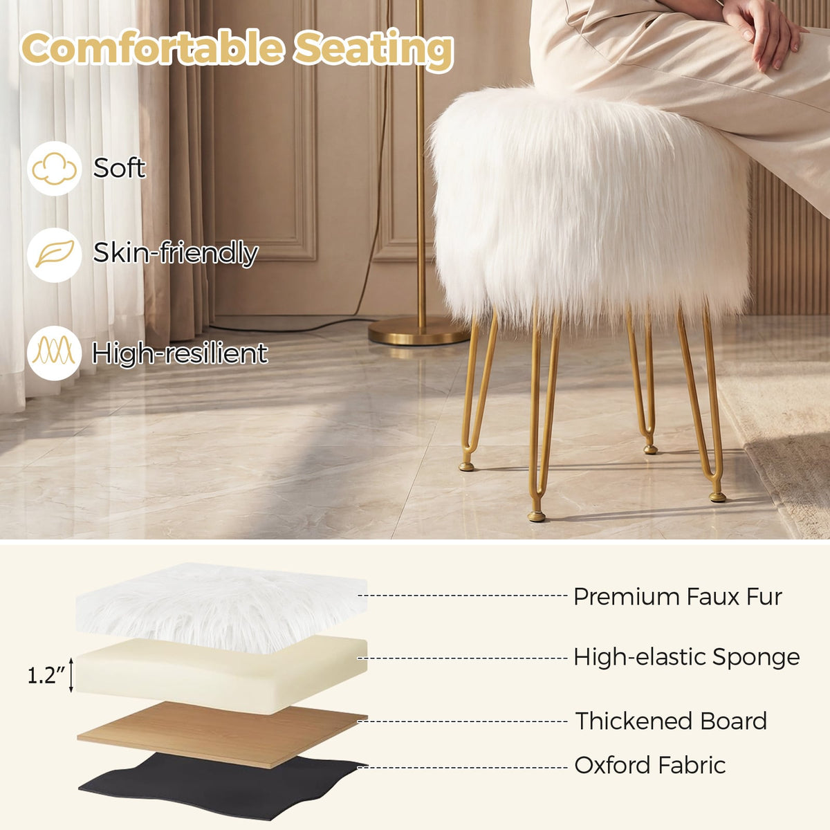 Faux Fur Vanity Stool Chair with Metal Legs for Bedroom and Living Room-White-Ottomans-DECOROLALA