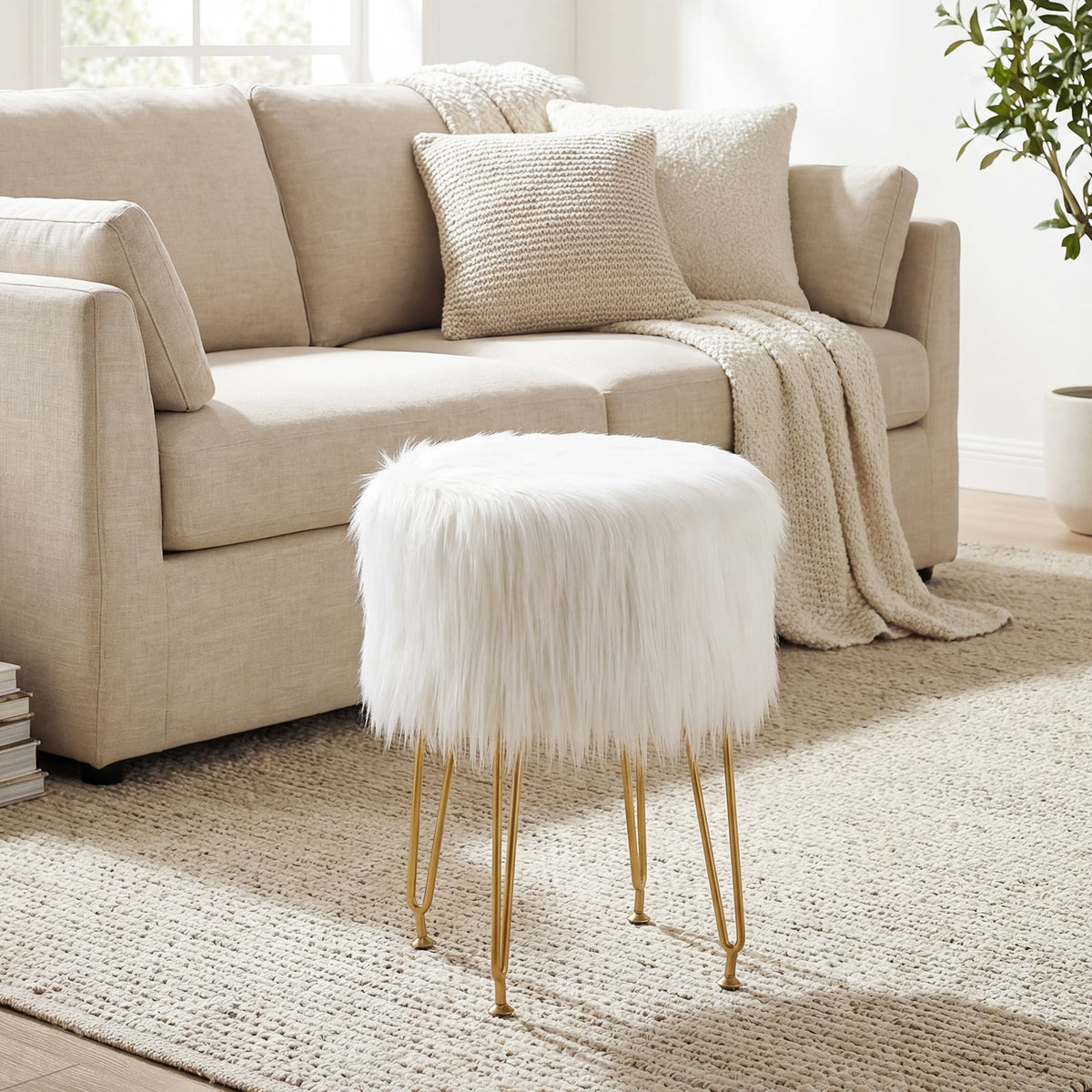 Faux Fur Vanity Stool Chair with Metal Legs for Bedroom and Living Room-White-Ottomans-DECOROLALA