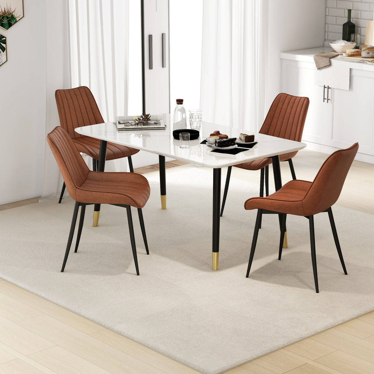 Faux-Leather Fabric Dining Chair Set of 2 with Metal Legs and Padded Seat-Brown-Dining Chairs-DECOROLALA