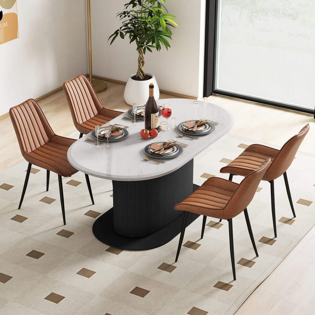 Faux-Leather Fabric Dining Chair Set of 2 with Metal Legs and Padded Seat-Brown-Dining Chairs-DECOROLALA