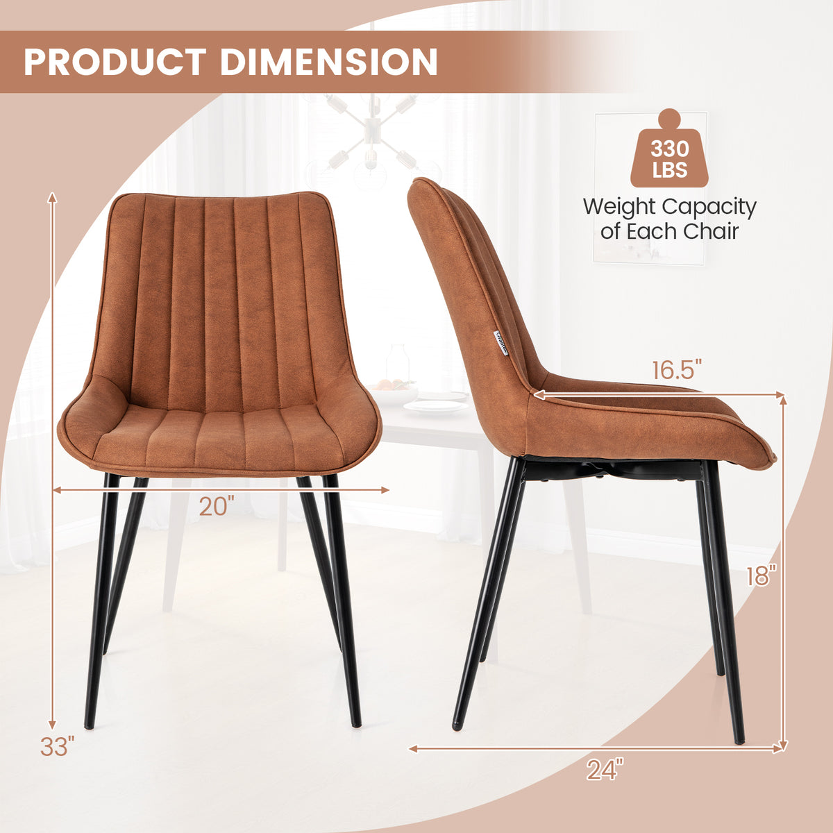 Faux-Leather Fabric Dining Chair Set of 2 with Metal Legs and Padded Seat-Brown-Dining Chairs-DECOROLALA