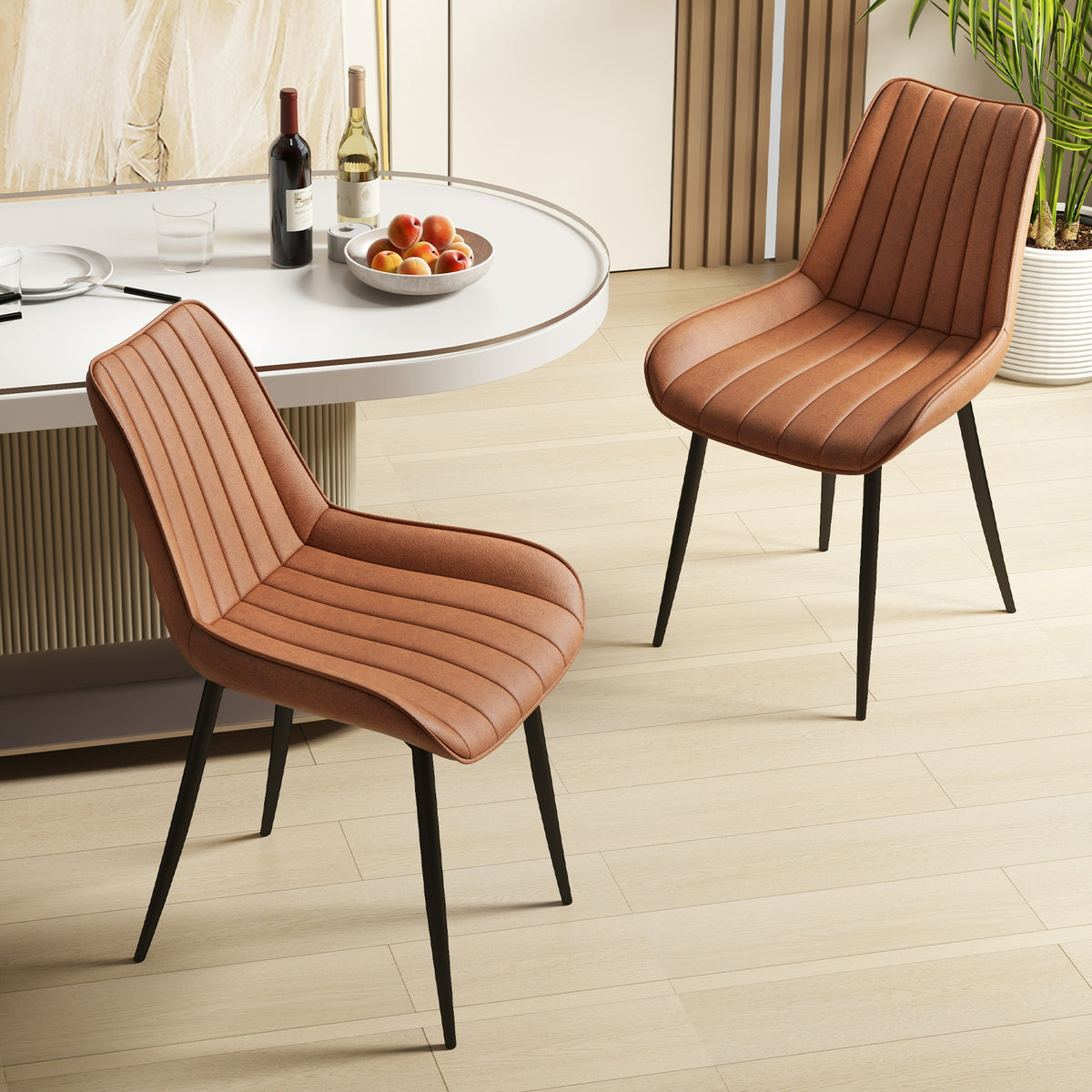 Faux-Leather Fabric Dining Chair Set of 2 with Metal Legs and Padded Seat-Brown-Dining Chairs-DECOROLALA