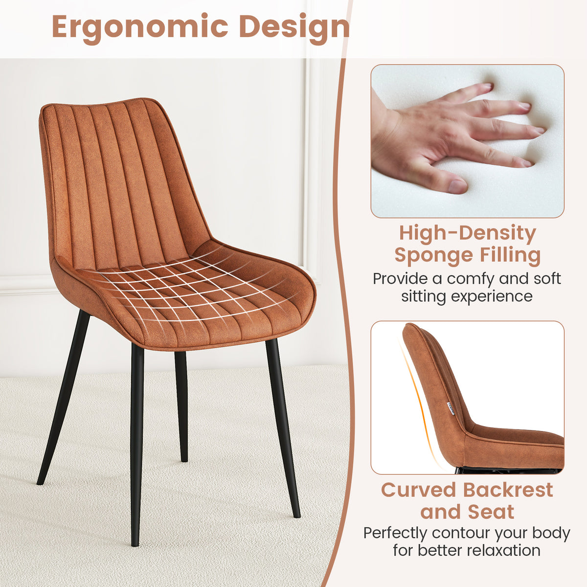 Faux-Leather Fabric Dining Chair Set of 2 with Metal Legs and Padded Seat-Brown-Dining Chairs-DECOROLALA