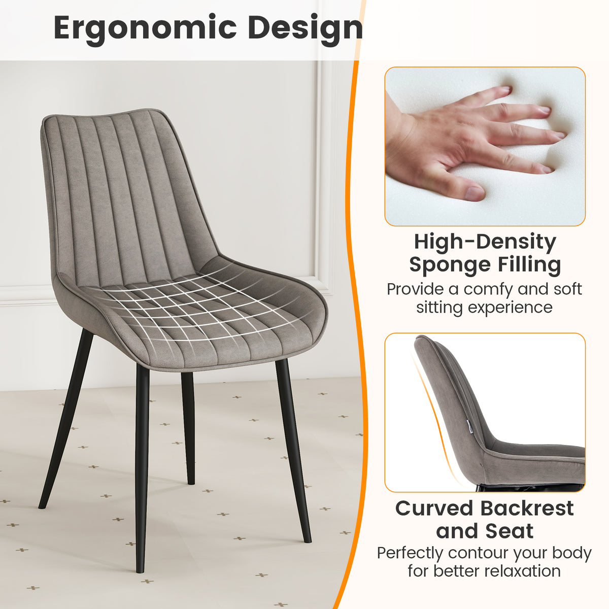 Faux-Leather Fabric Dining Chair Set of 2 with Metal Legs and Padded Seat-Gray-Dining Chairs-DECOROLALA