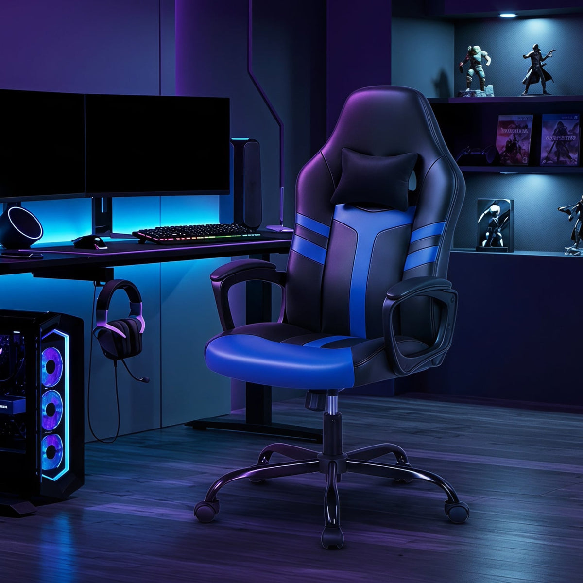 Faux Leather Upholstered Office Chair with Removable Head Pillow and Rocking Function-Blue-Gaming Chairs-DECOROLALA