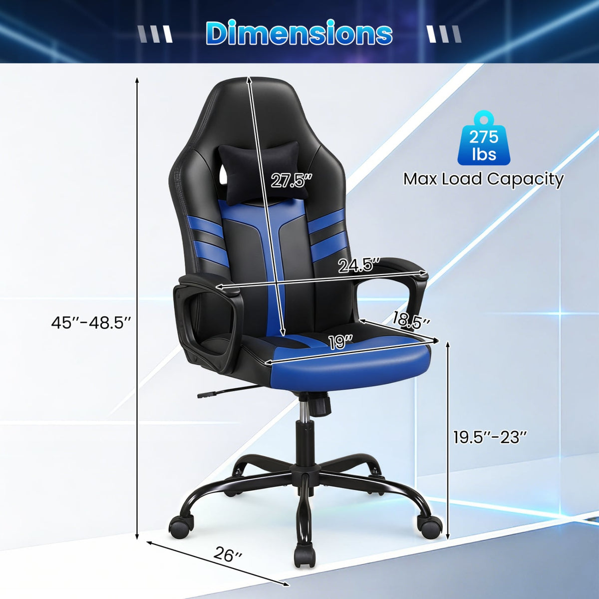 Faux Leather Upholstered Office Chair with Removable Head Pillow and Rocking Function-Blue-Gaming Chairs-DECOROLALA