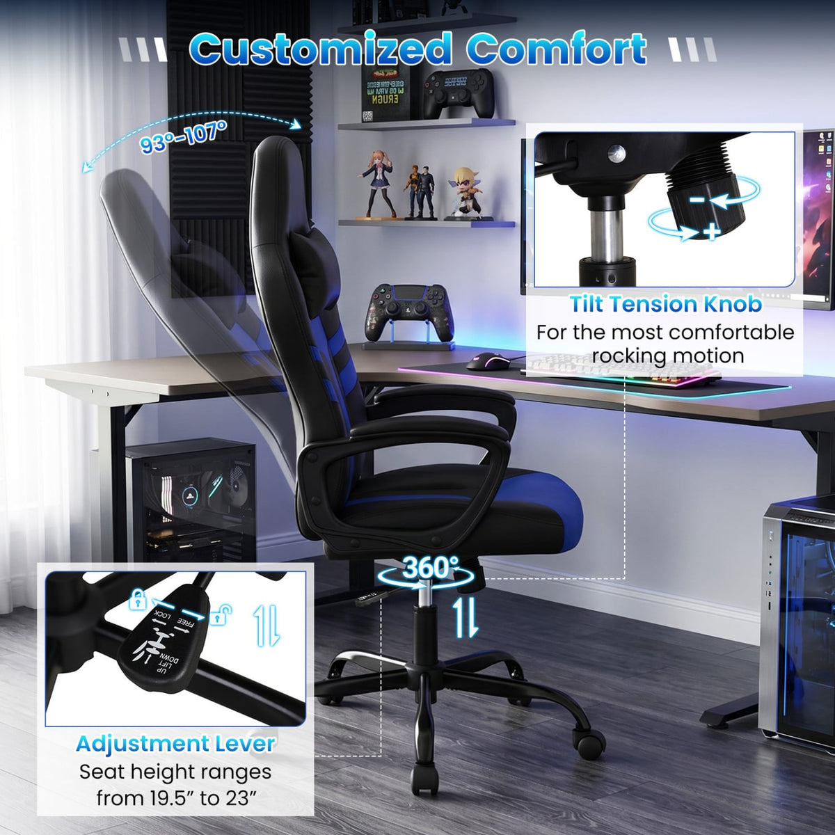 Faux Leather Upholstered Office Chair with Removable Head Pillow and Rocking Function-Blue-Gaming Chairs-DECOROLALA