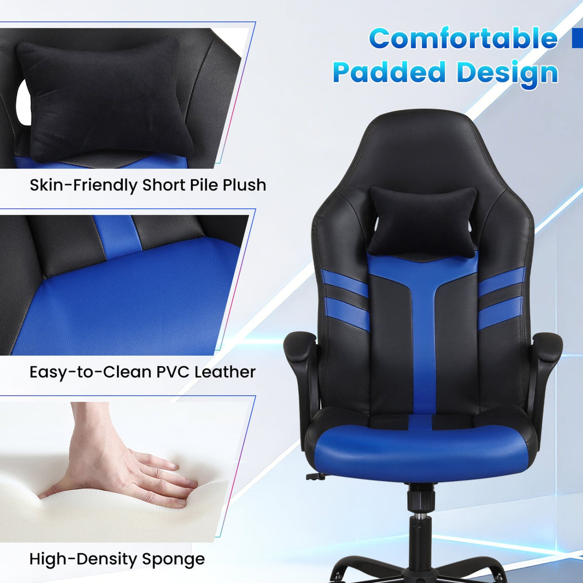 Faux Leather Upholstered Office Chair with Removable Head Pillow and Rocking Function-Blue-Gaming Chairs-DECOROLALA